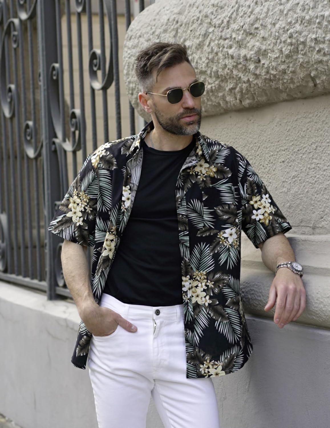 imageCOOFANDY Mens Hawaiian Shirts Short Sleeve Casual Button Down Tropical Beach ShirtBlack Plam Leaf