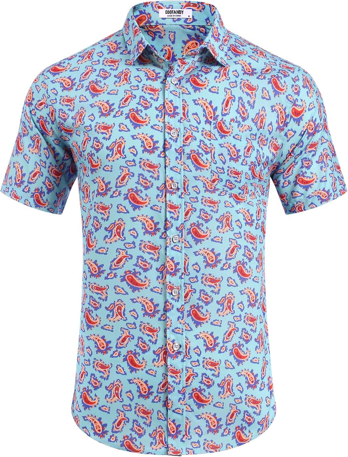 imageCOOFANDY Mens Hawaiian Shirts Short Sleeve Casual Button Down Tropical Beach ShirtGreen Orange Paisley