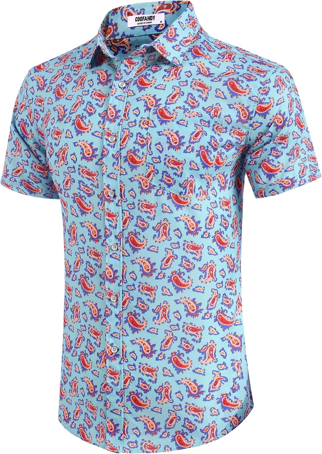 imageCOOFANDY Mens Hawaiian Shirts Short Sleeve Casual Button Down Tropical Beach ShirtGreen Orange Paisley