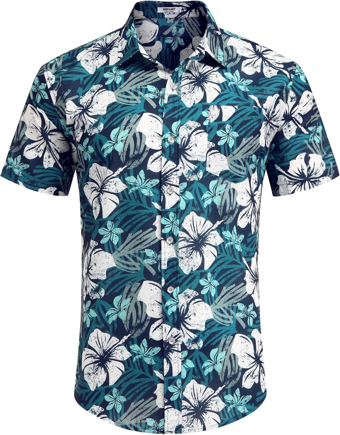 imageCOOFANDY Mens Hawaiian Shirts Short Sleeve Casual Button Down Tropical Beach ShirtGreen White Floral