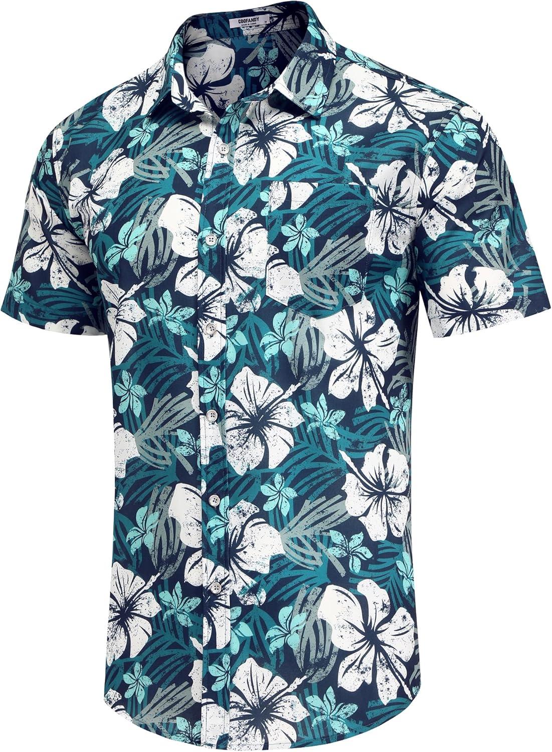 imageCOOFANDY Mens Hawaiian Shirts Short Sleeve Casual Button Down Tropical Beach ShirtGreen White Floral