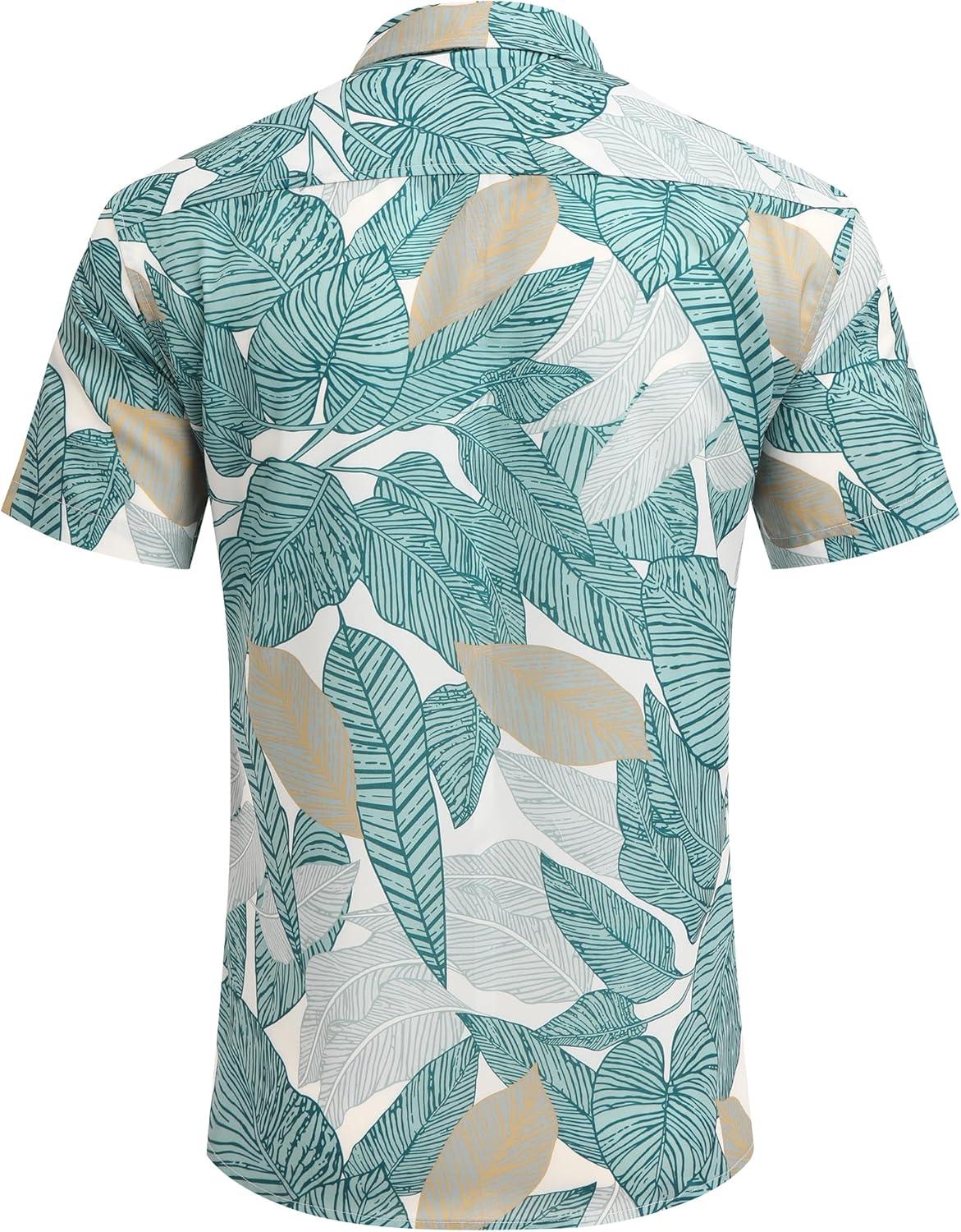 imageCOOFANDY Mens Hawaiian Shirts Short Sleeve Casual Button Down Tropical Beach ShirtGreen Yellow Leaf