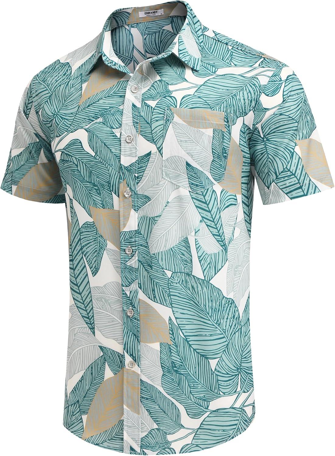 imageCOOFANDY Mens Hawaiian Shirts Short Sleeve Casual Button Down Tropical Beach ShirtGreen Yellow Leaf