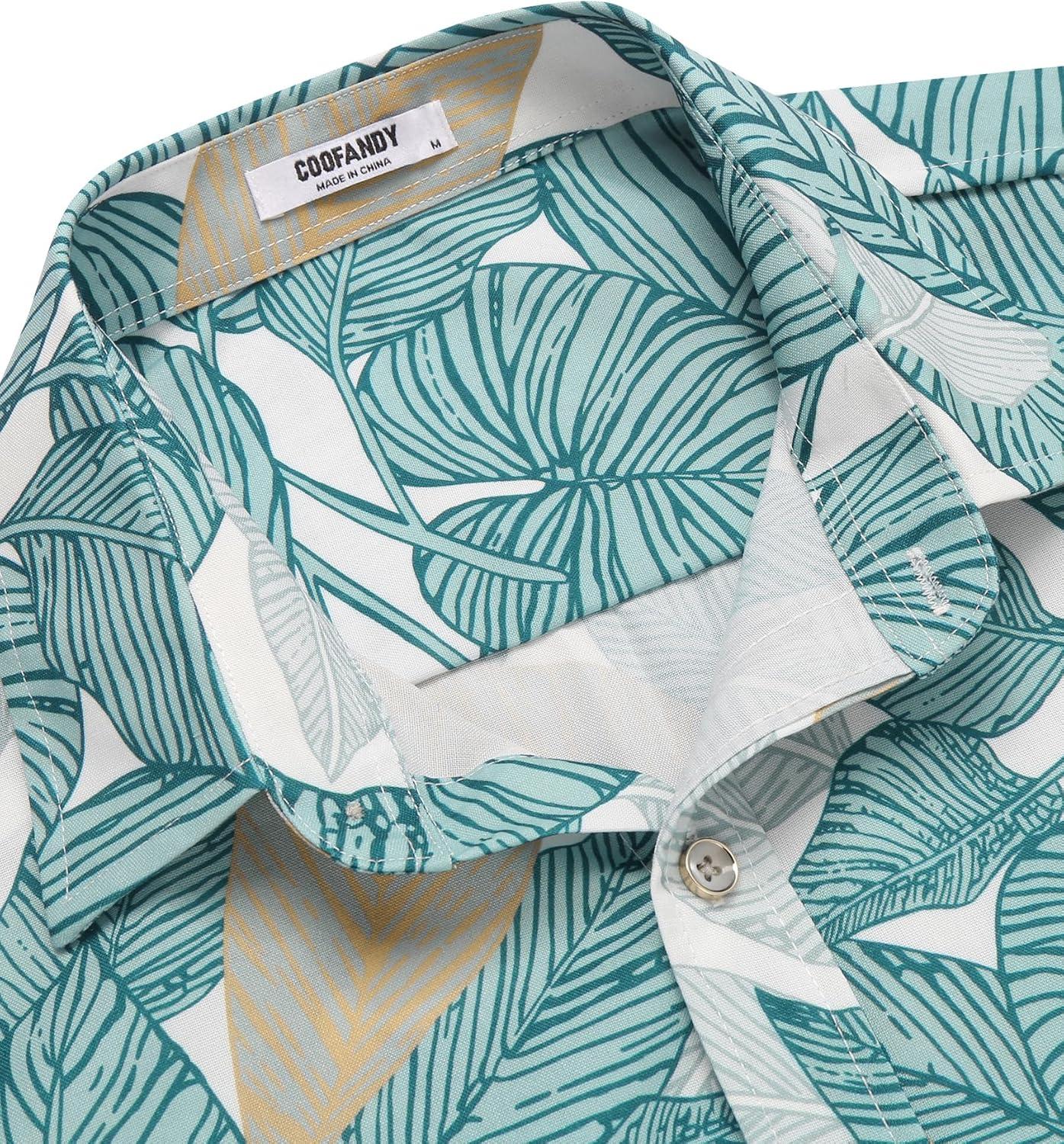 imageCOOFANDY Mens Hawaiian Shirts Short Sleeve Casual Button Down Tropical Beach ShirtGreen Yellow Leaf