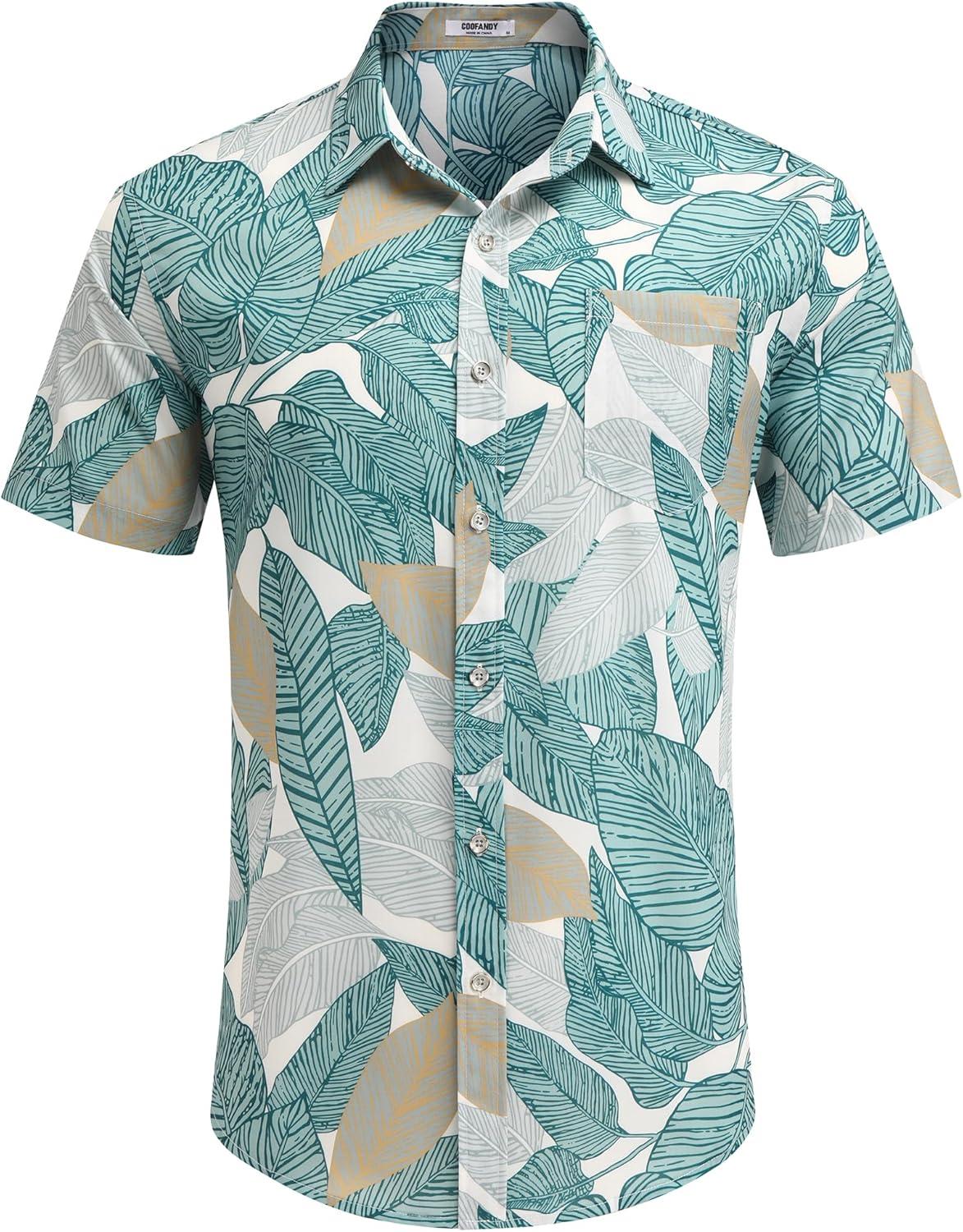 imageCOOFANDY Mens Hawaiian Shirts Short Sleeve Casual Button Down Tropical Beach ShirtGreen Yellow Leaf