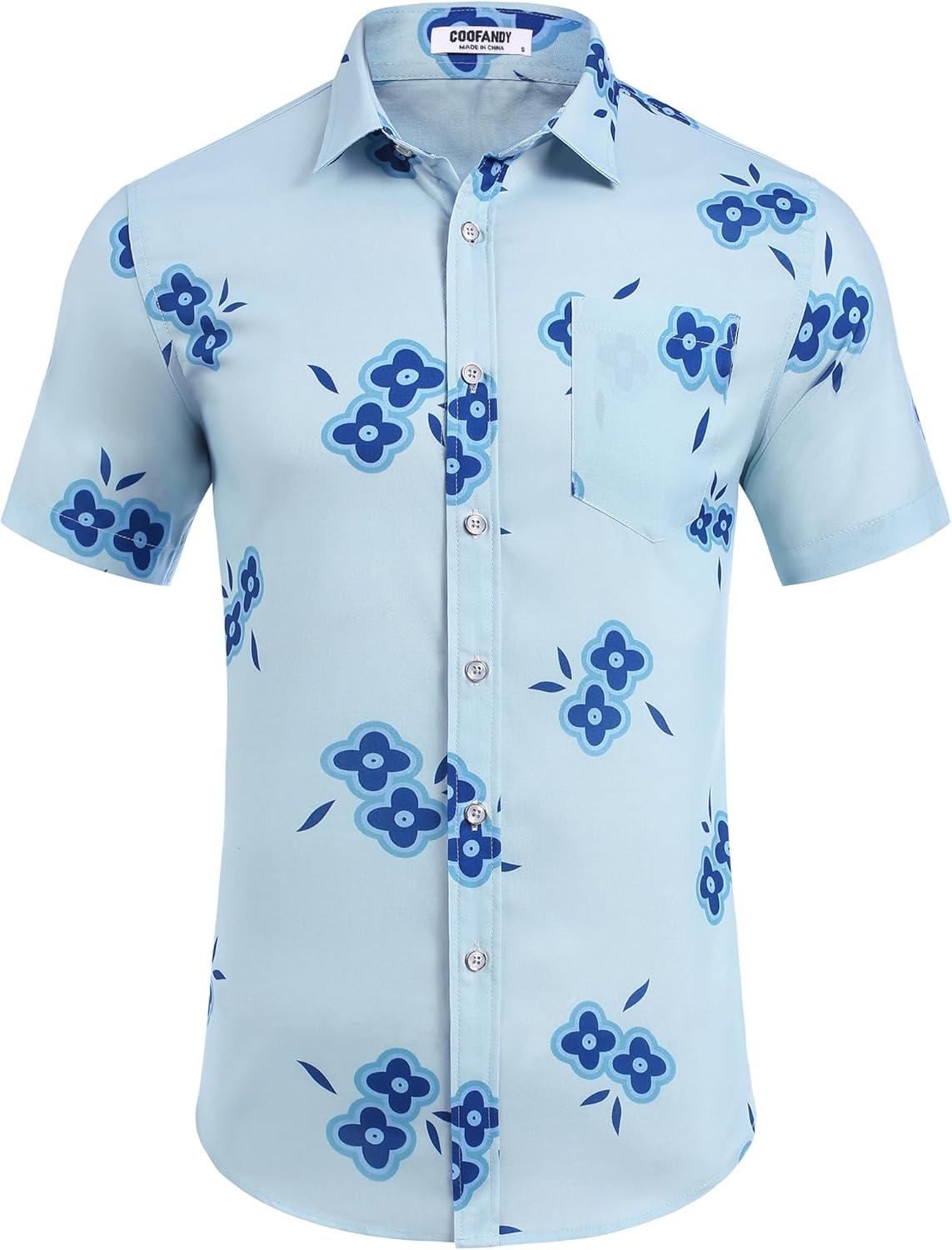 imageCOOFANDY Mens Hawaiian Shirts Short Sleeve Casual Button Down Tropical Beach ShirtLight Blue Blue Floral