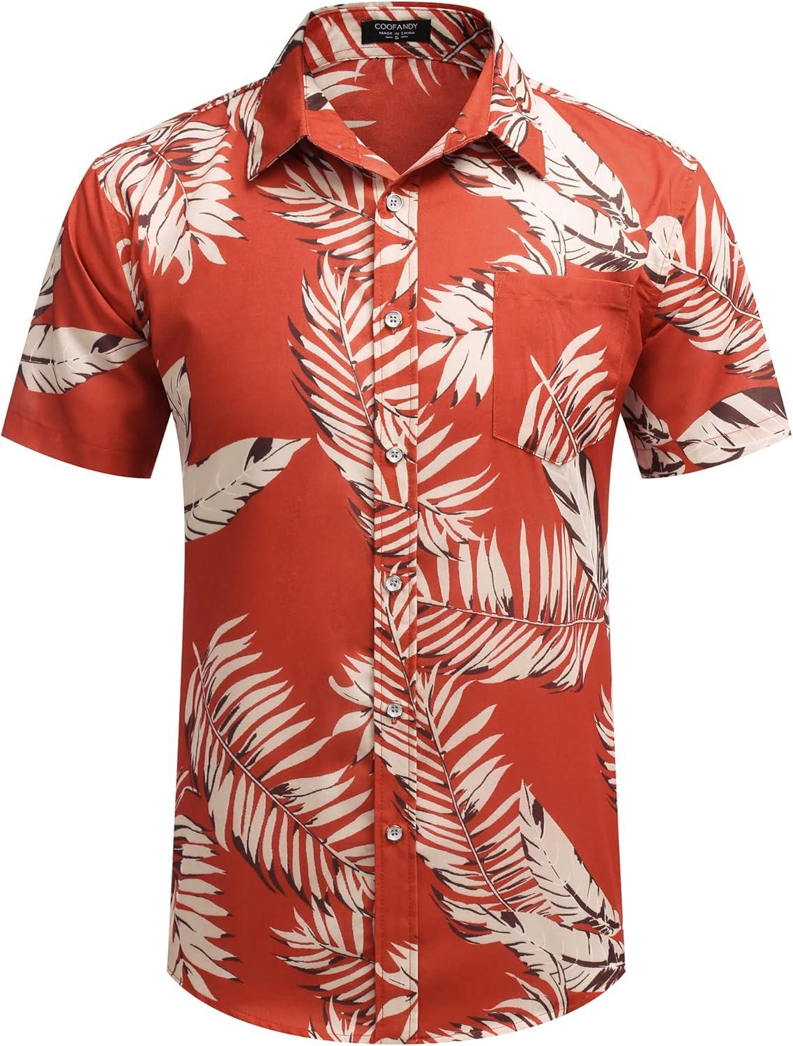 imageCOOFANDY Mens Hawaiian Shirts Short Sleeve Casual Button Down Tropical Beach ShirtRed Leaf