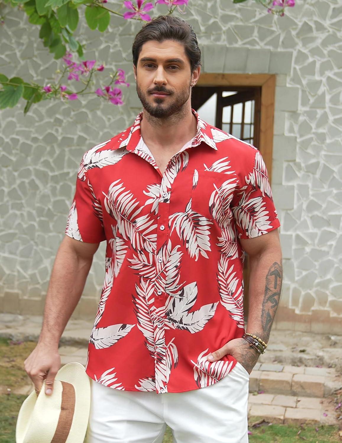 imageCOOFANDY Mens Hawaiian Shirts Short Sleeve Casual Button Down Tropical Beach ShirtRed Leaf