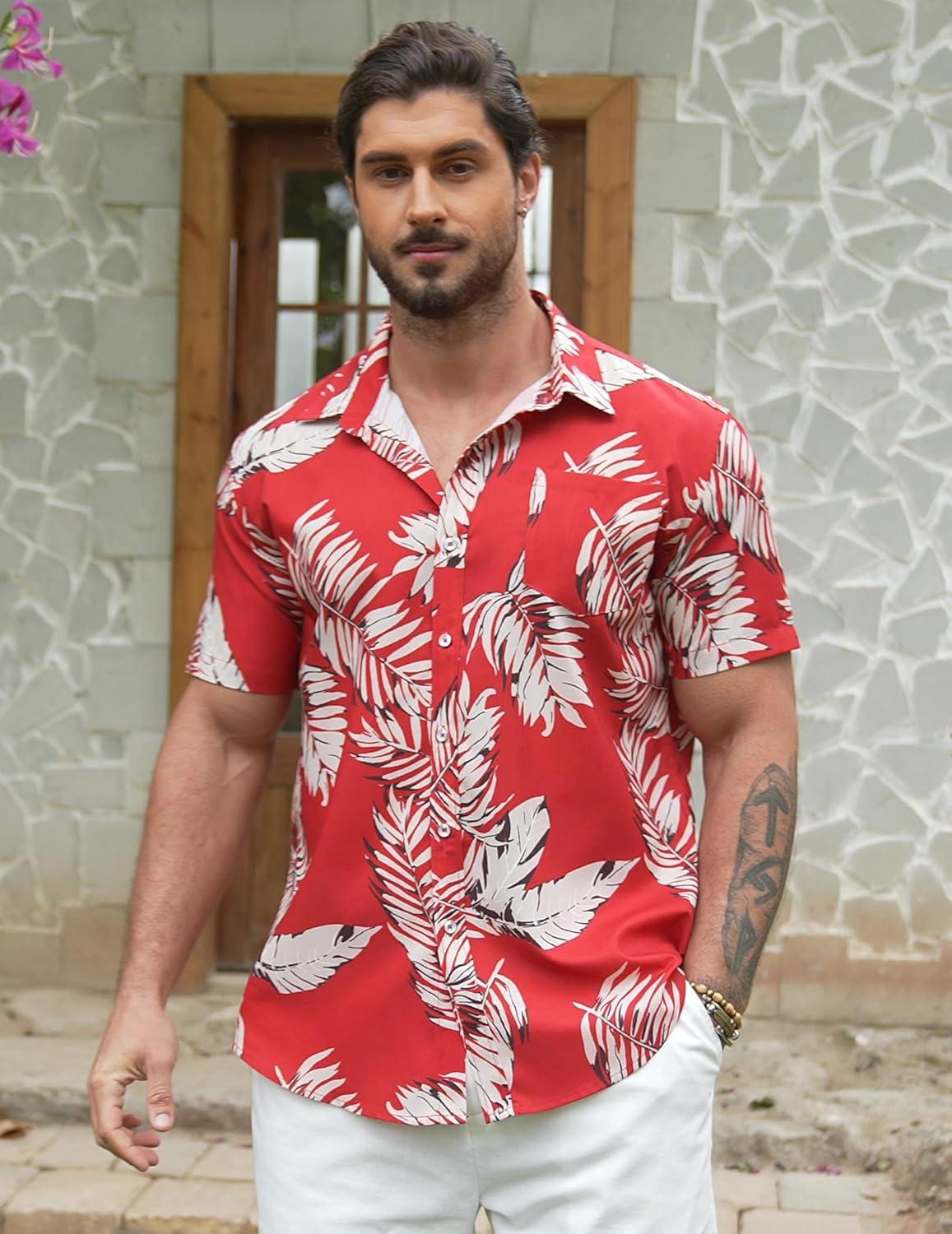 imageCOOFANDY Mens Hawaiian Shirts Short Sleeve Casual Button Down Tropical Beach ShirtRed Leaf