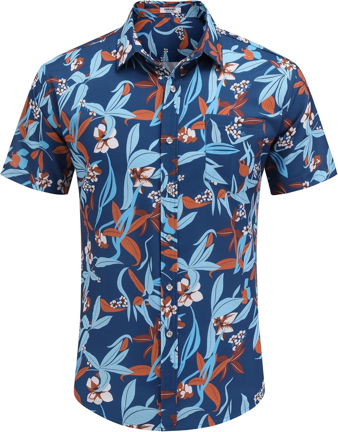 imageCOOFANDY Mens Hawaiian Shirts Short Sleeve Casual Button Down Tropical Beach ShirtRoyal Blue Red Leaf