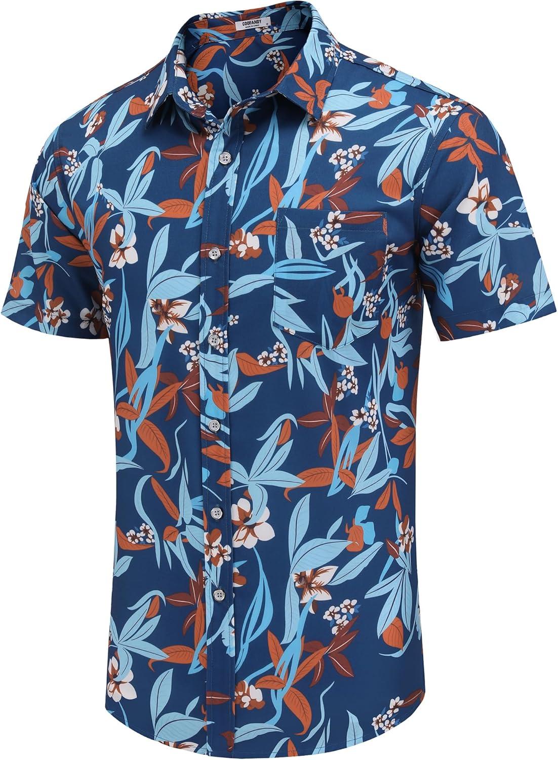 imageCOOFANDY Mens Hawaiian Shirts Short Sleeve Casual Button Down Tropical Beach ShirtRoyal Blue Red Leaf