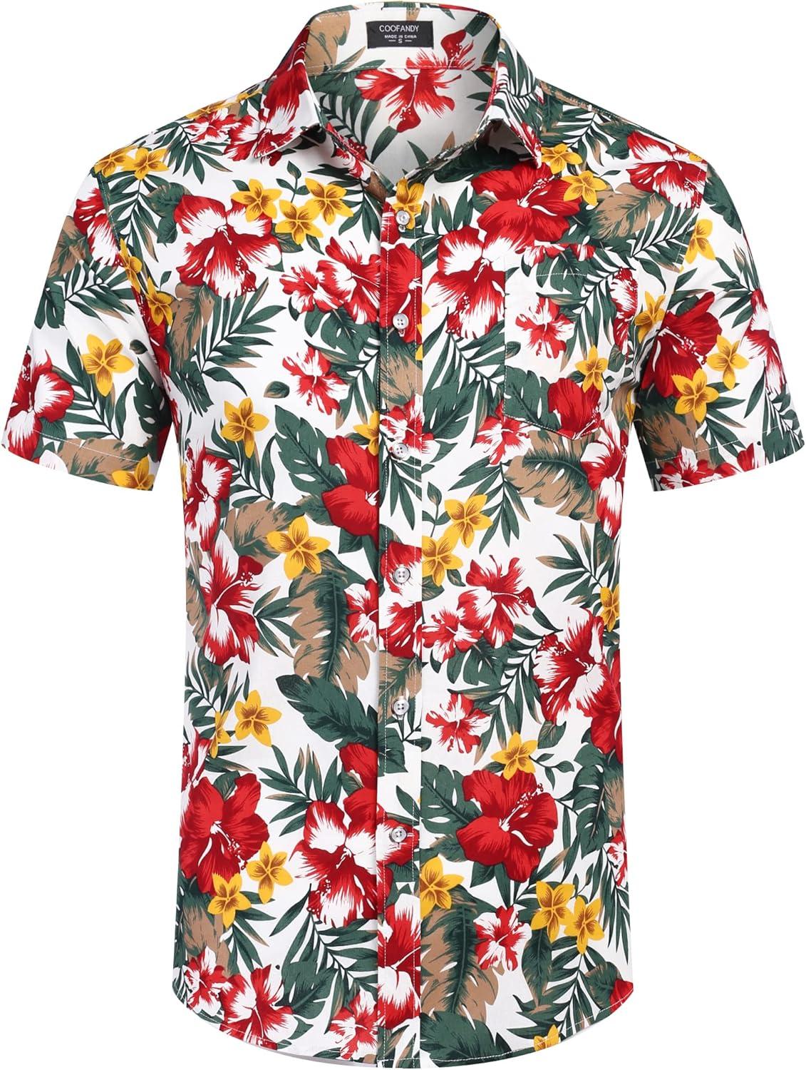 imageCOOFANDY Mens Hawaiian Shirts Short Sleeve Casual Button Down Tropical Beach ShirtWhite Red Floral