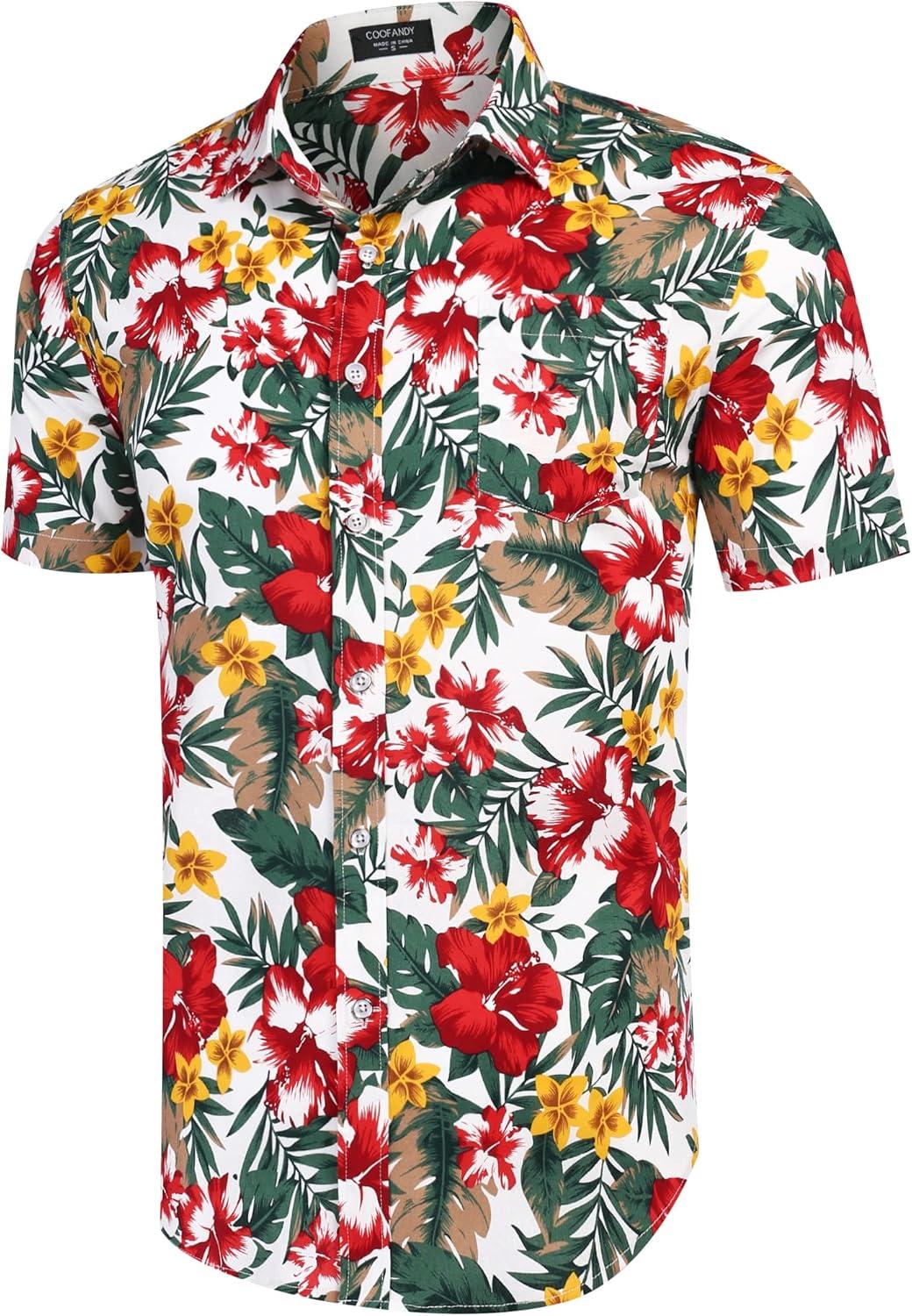 imageCOOFANDY Mens Hawaiian Shirts Short Sleeve Casual Button Down Tropical Beach ShirtWhite Red Floral