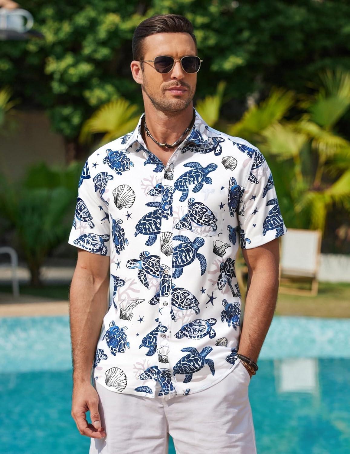 imageCOOFANDY Mens Hawaiian Shirts Short Sleeve Casual Button Down Tropical Beach ShirtWhite Sea Turtles