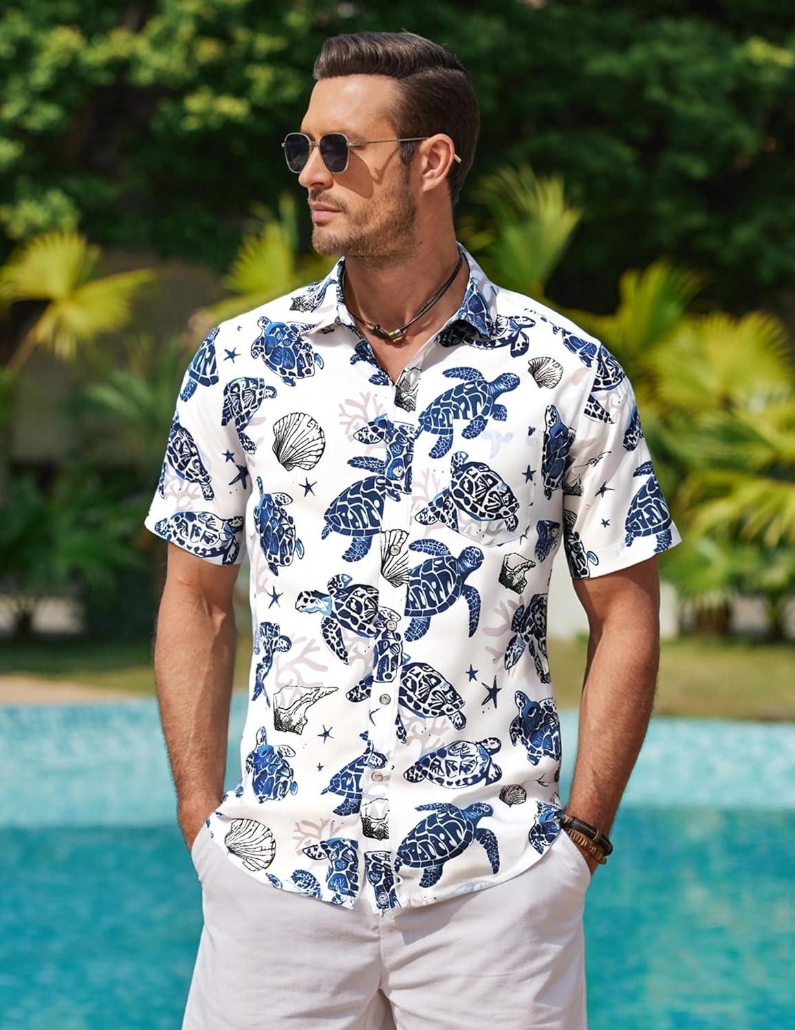 imageCOOFANDY Mens Hawaiian Shirts Short Sleeve Casual Button Down Tropical Beach ShirtWhite Sea Turtles