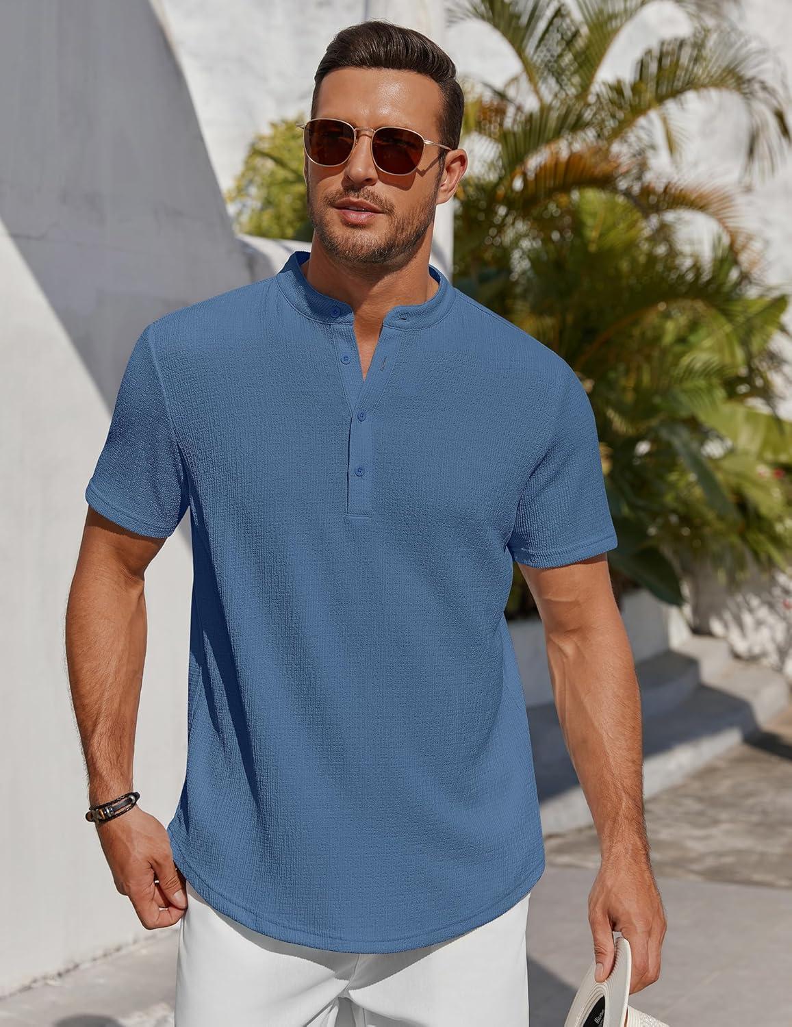 imageCOOFANDY Mens Henley Shirt Short Sleeve Stand Collar Summer Casual Beach Hippie TShirtsGrey Blue
