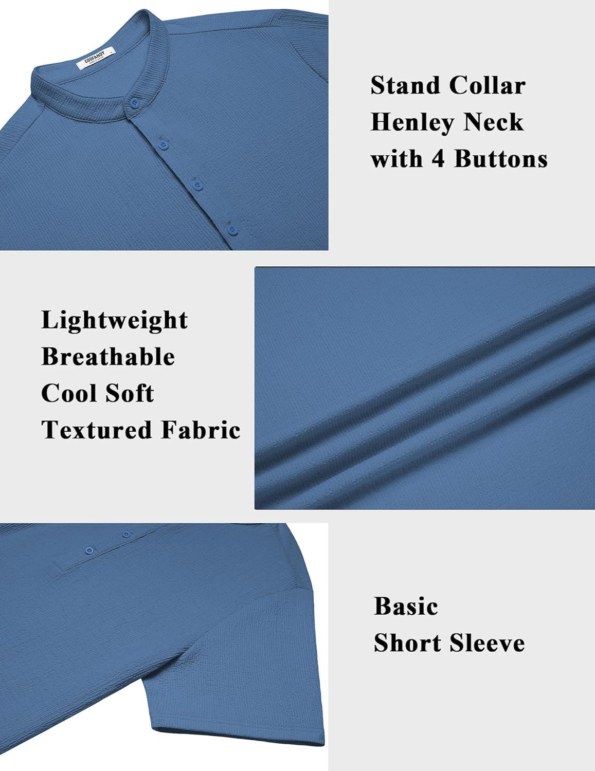 imageCOOFANDY Mens Henley Shirt Short Sleeve Stand Collar Summer Casual Beach Hippie TShirtsGrey Blue