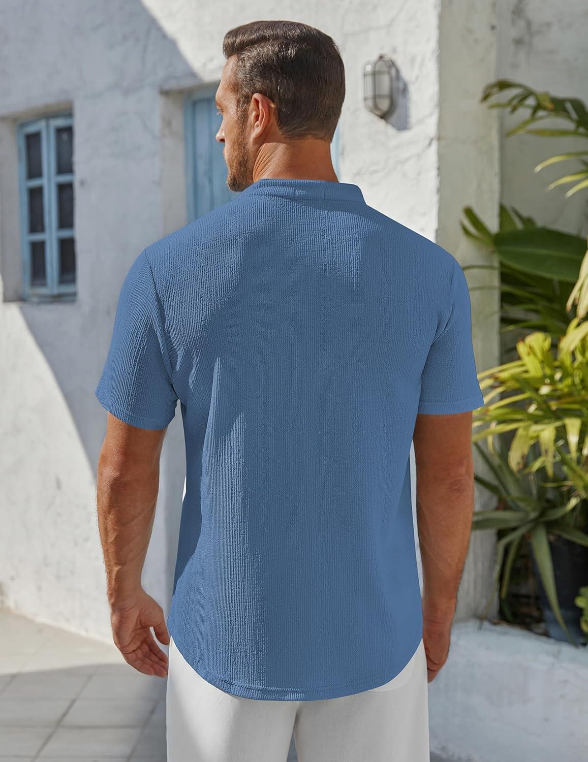 imageCOOFANDY Mens Henley Shirt Short Sleeve Stand Collar Summer Casual Beach Hippie TShirtsGrey Blue