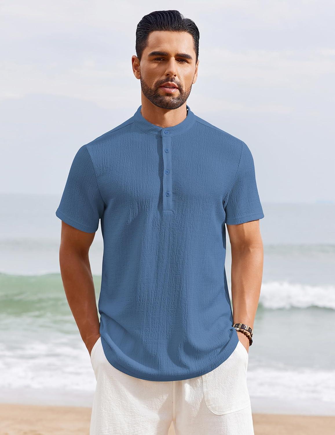 imageCOOFANDY Mens Henley Shirt Short Sleeve Stand Collar Summer Casual Beach Hippie TShirtsGrey Blue