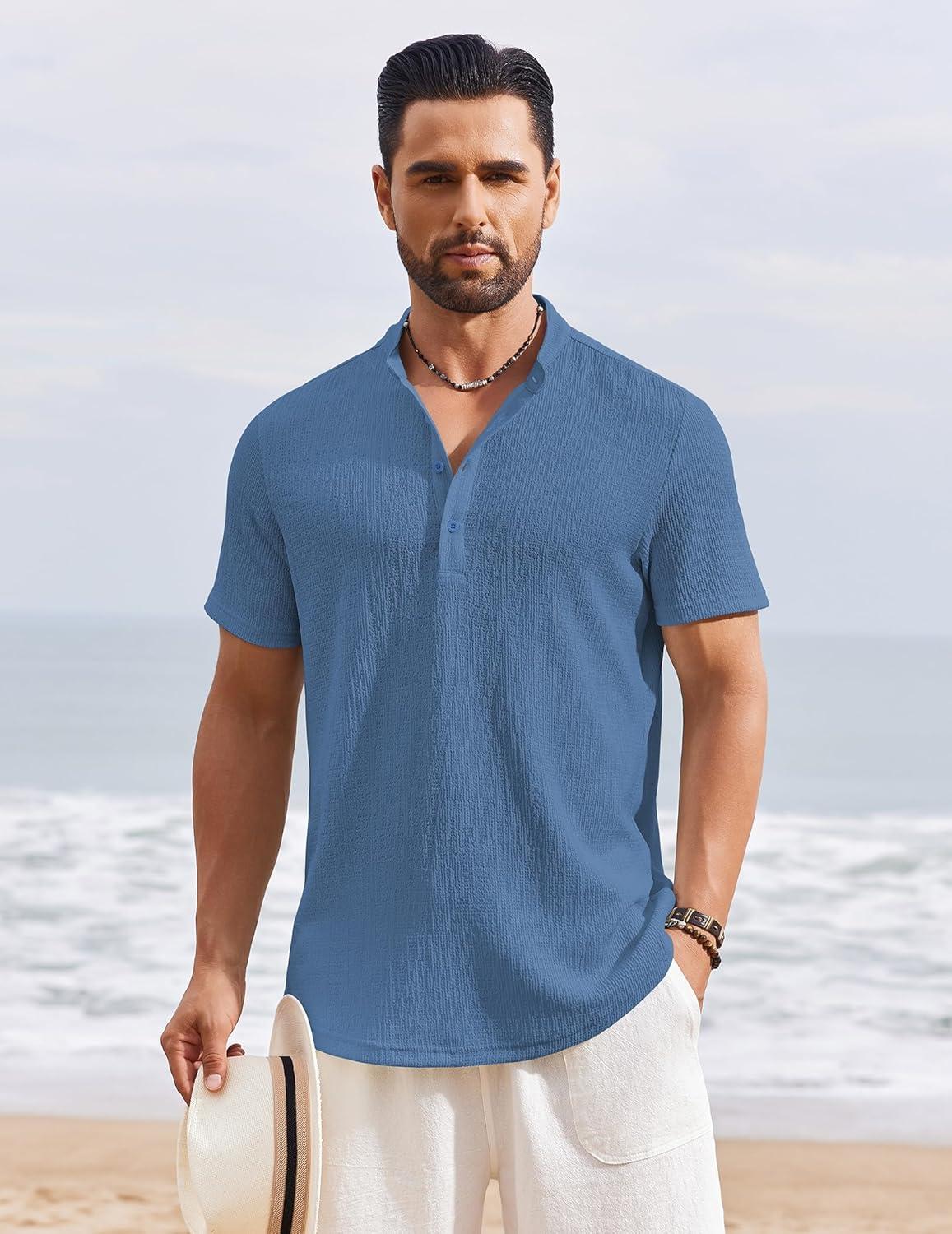 imageCOOFANDY Mens Henley Shirt Short Sleeve Stand Collar Summer Casual Beach Hippie TShirtsGrey Blue