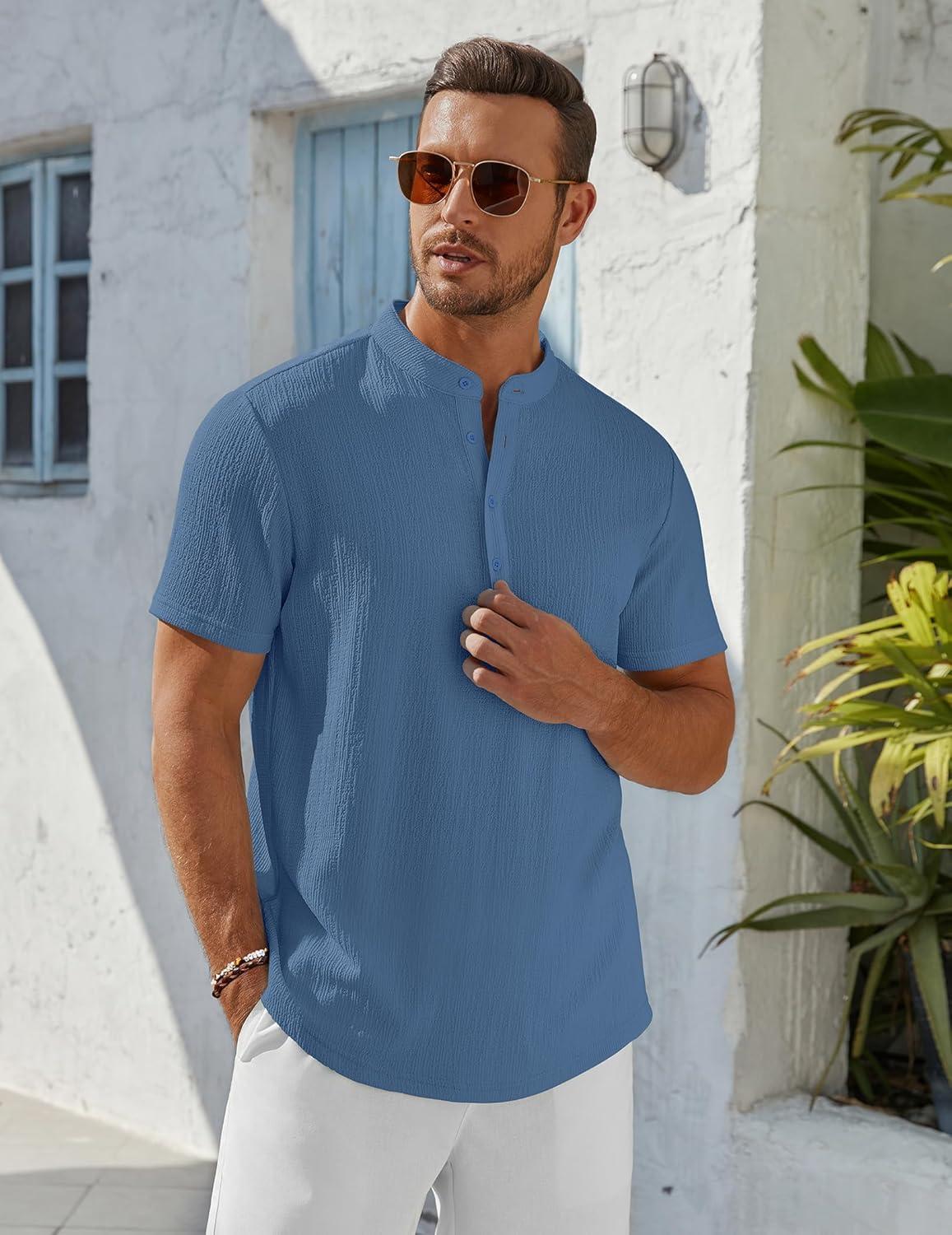 imageCOOFANDY Mens Henley Shirt Short Sleeve Stand Collar Summer Casual Beach Hippie TShirtsGrey Blue