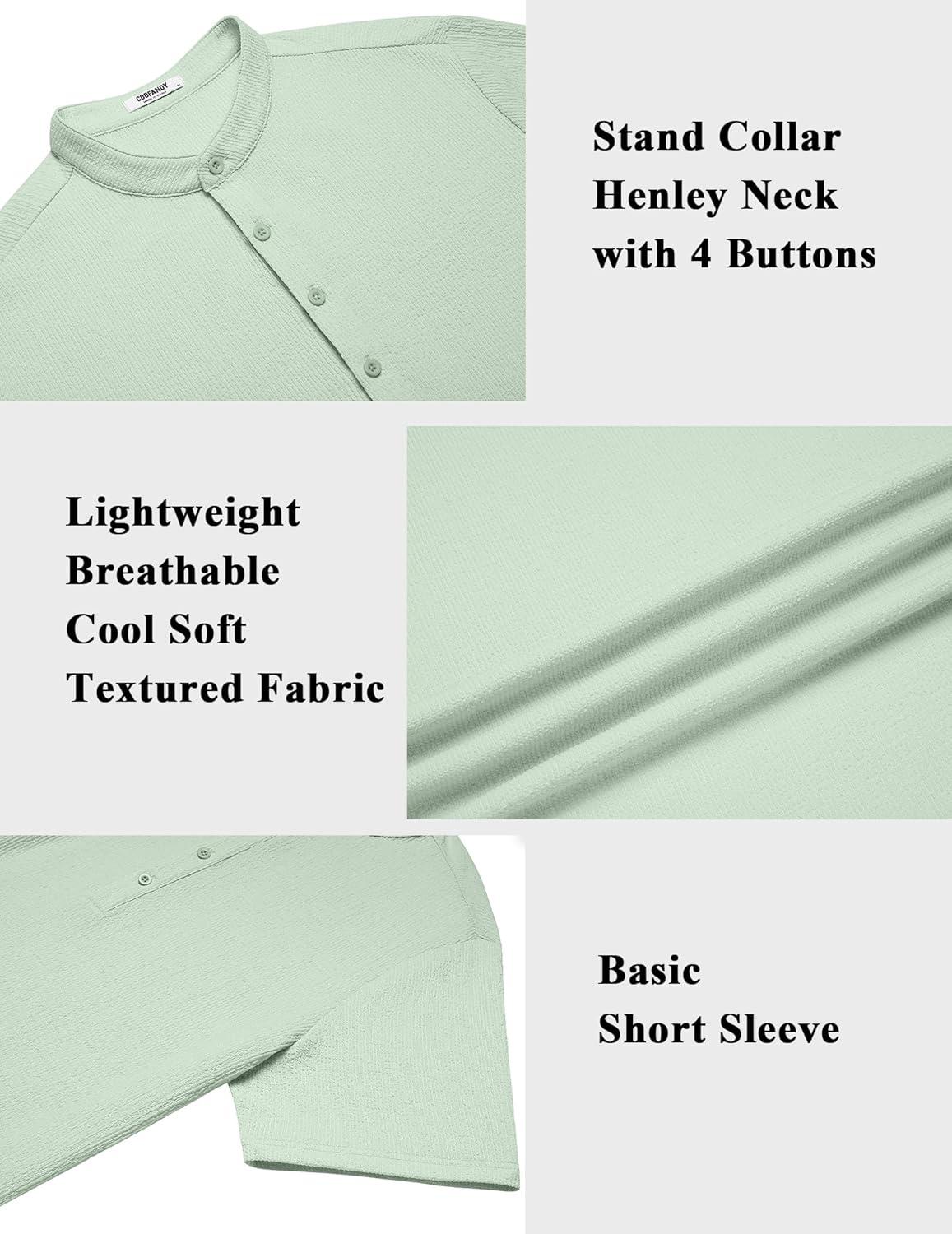 imageCOOFANDY Mens Henley Shirt Short Sleeve Stand Collar Summer Casual Beach Hippie TShirtsIce Green