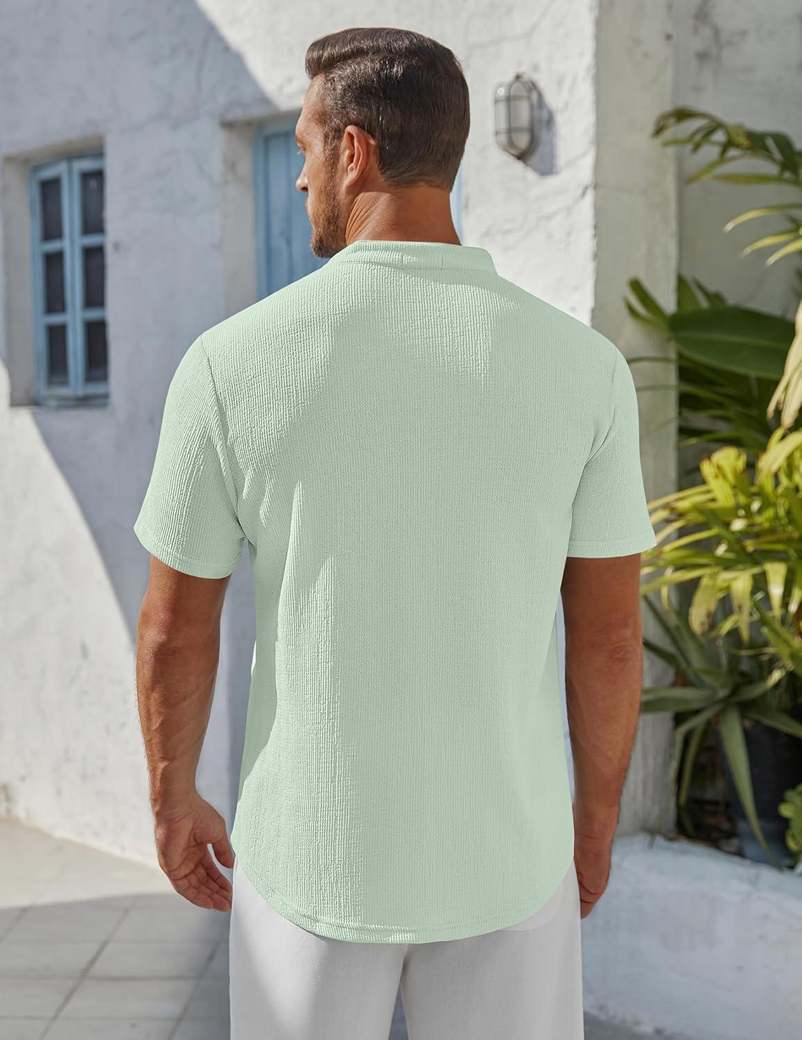 imageCOOFANDY Mens Henley Shirt Short Sleeve Stand Collar Summer Casual Beach Hippie TShirtsIce Green