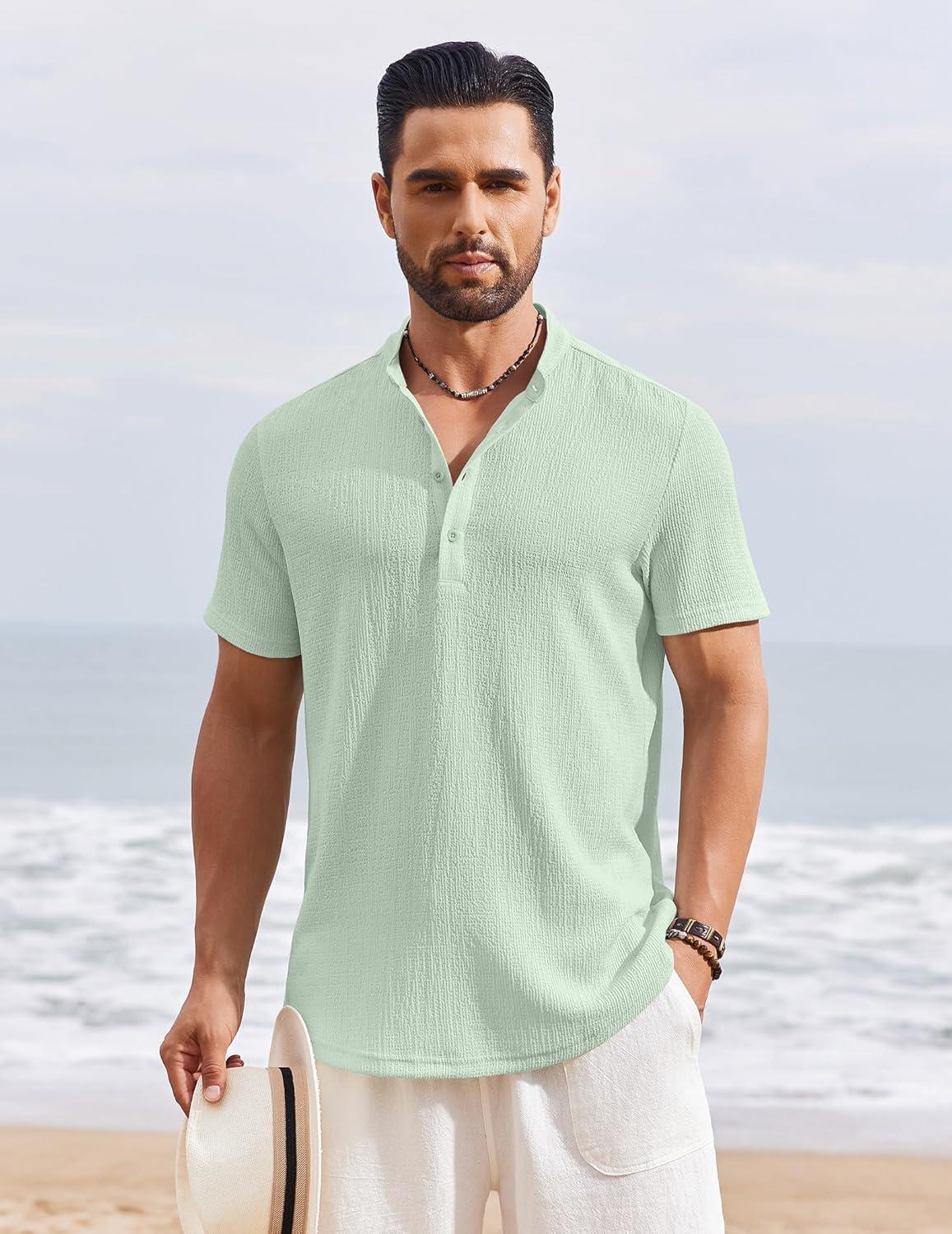 imageCOOFANDY Mens Henley Shirt Short Sleeve Stand Collar Summer Casual Beach Hippie TShirtsIce Green