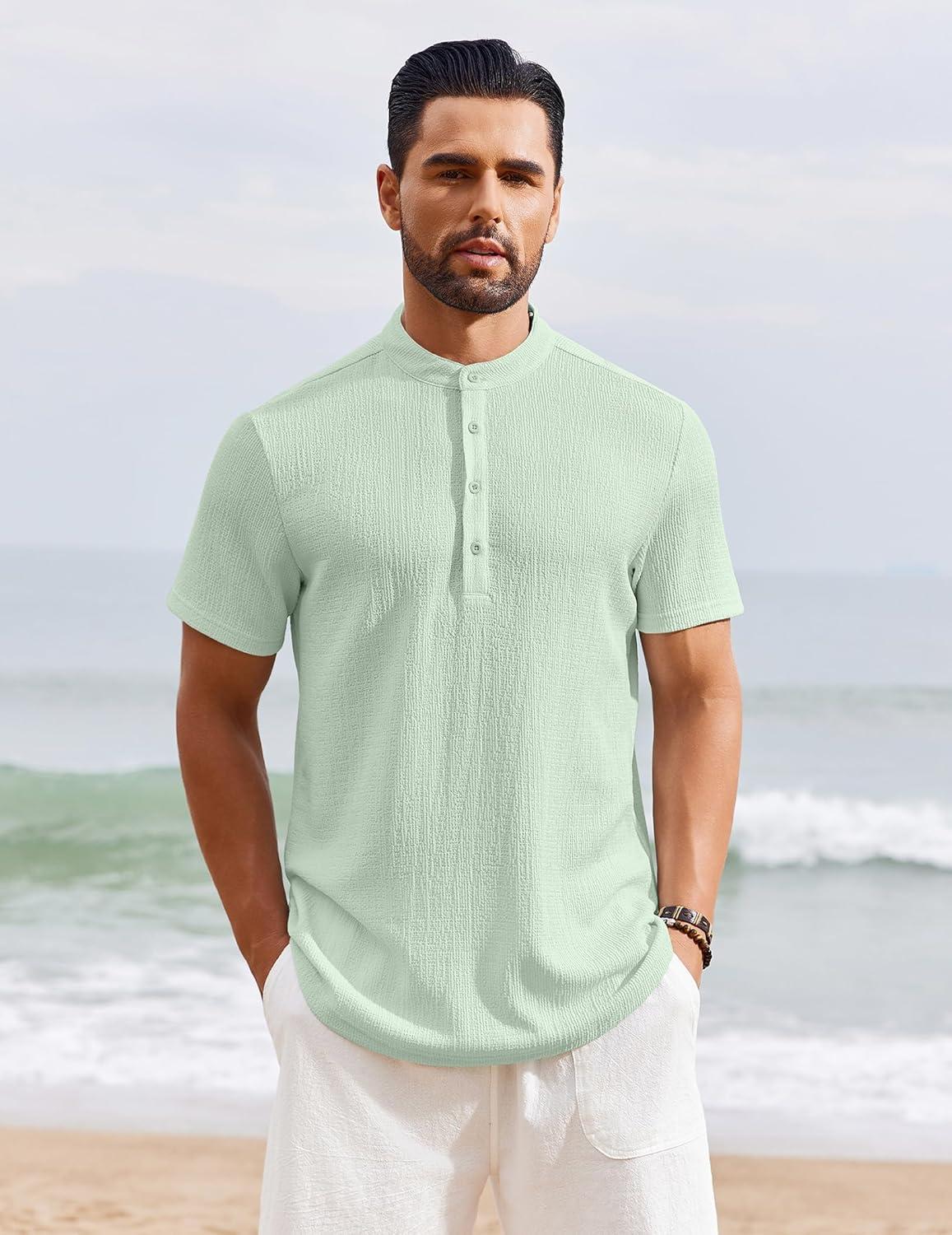 imageCOOFANDY Mens Henley Shirt Short Sleeve Stand Collar Summer Casual Beach Hippie TShirtsIce Green