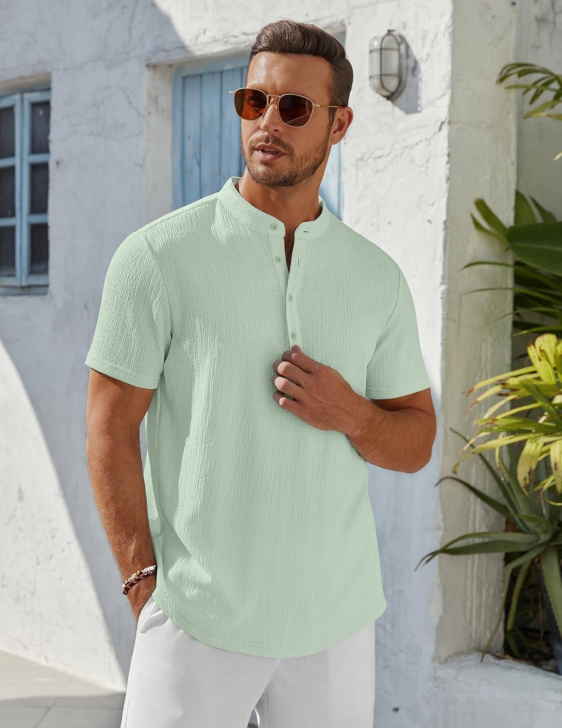 imageCOOFANDY Mens Henley Shirt Short Sleeve Stand Collar Summer Casual Beach Hippie TShirtsIce Green