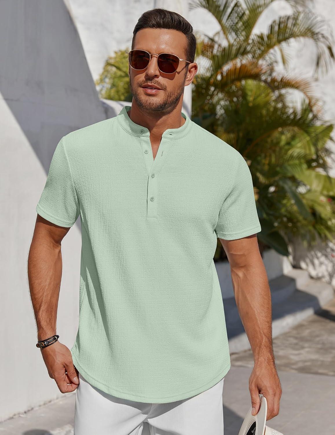 imageCOOFANDY Mens Henley Shirt Short Sleeve Stand Collar Summer Casual Beach Hippie TShirtsIce Green