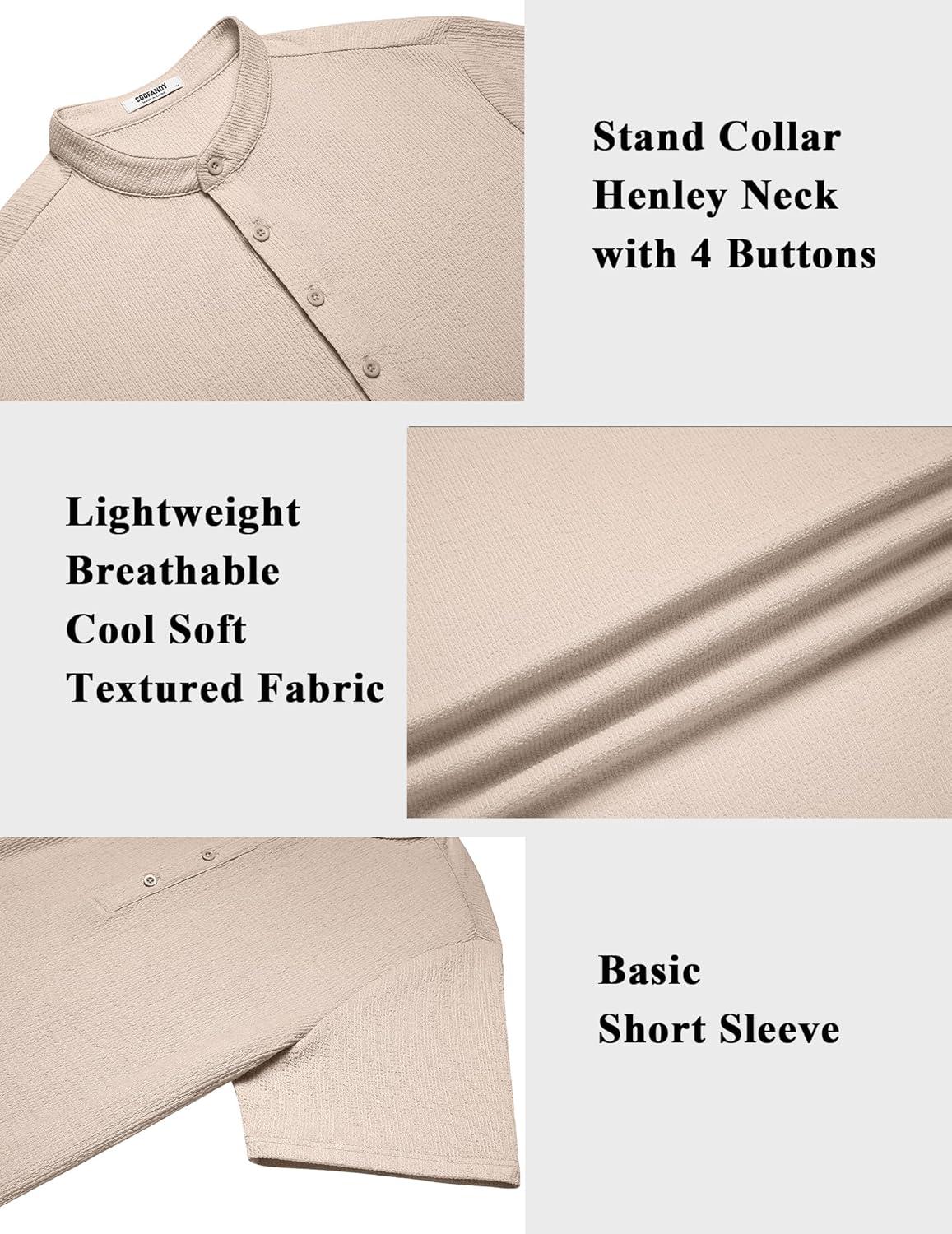 imageCOOFANDY Mens Henley Shirt Short Sleeve Stand Collar Summer Casual Beach Hippie TShirtsLight Khaki