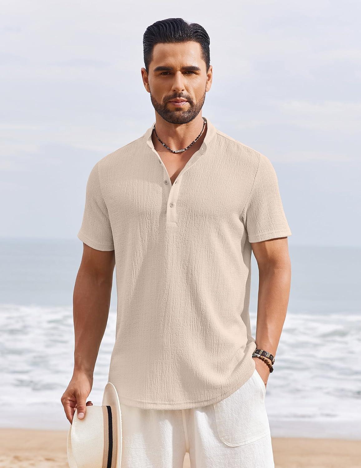 imageCOOFANDY Mens Henley Shirt Short Sleeve Stand Collar Summer Casual Beach Hippie TShirtsLight Khaki