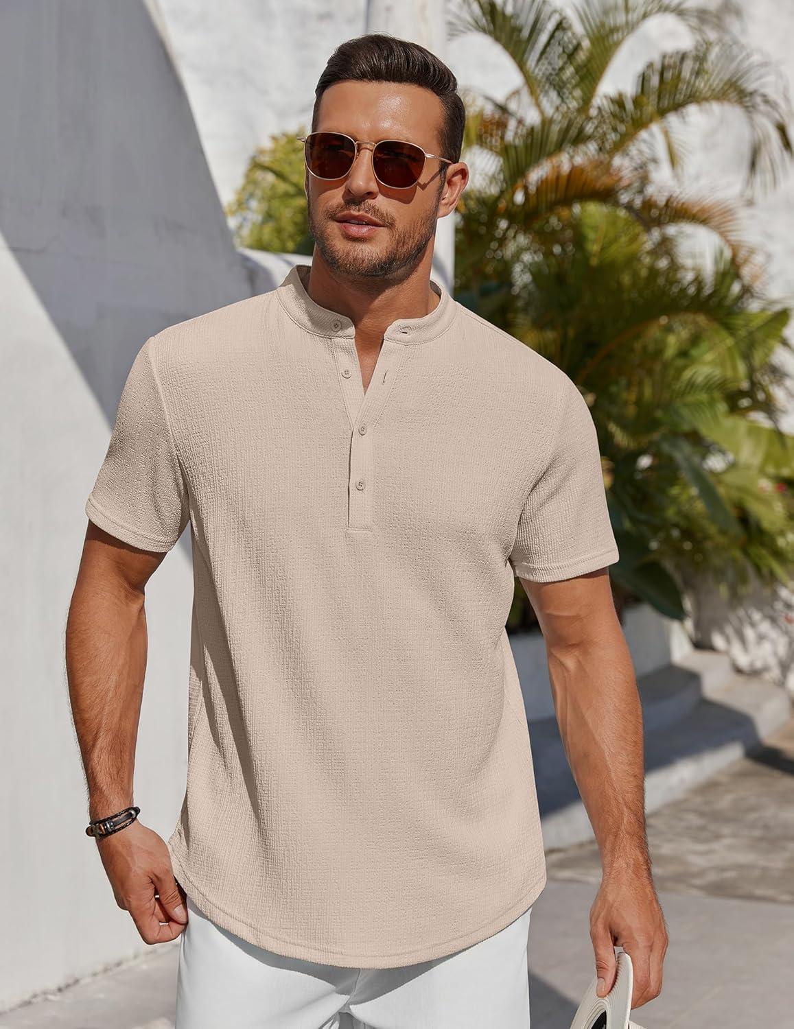 imageCOOFANDY Mens Henley Shirt Short Sleeve Stand Collar Summer Casual Beach Hippie TShirtsLight Khaki