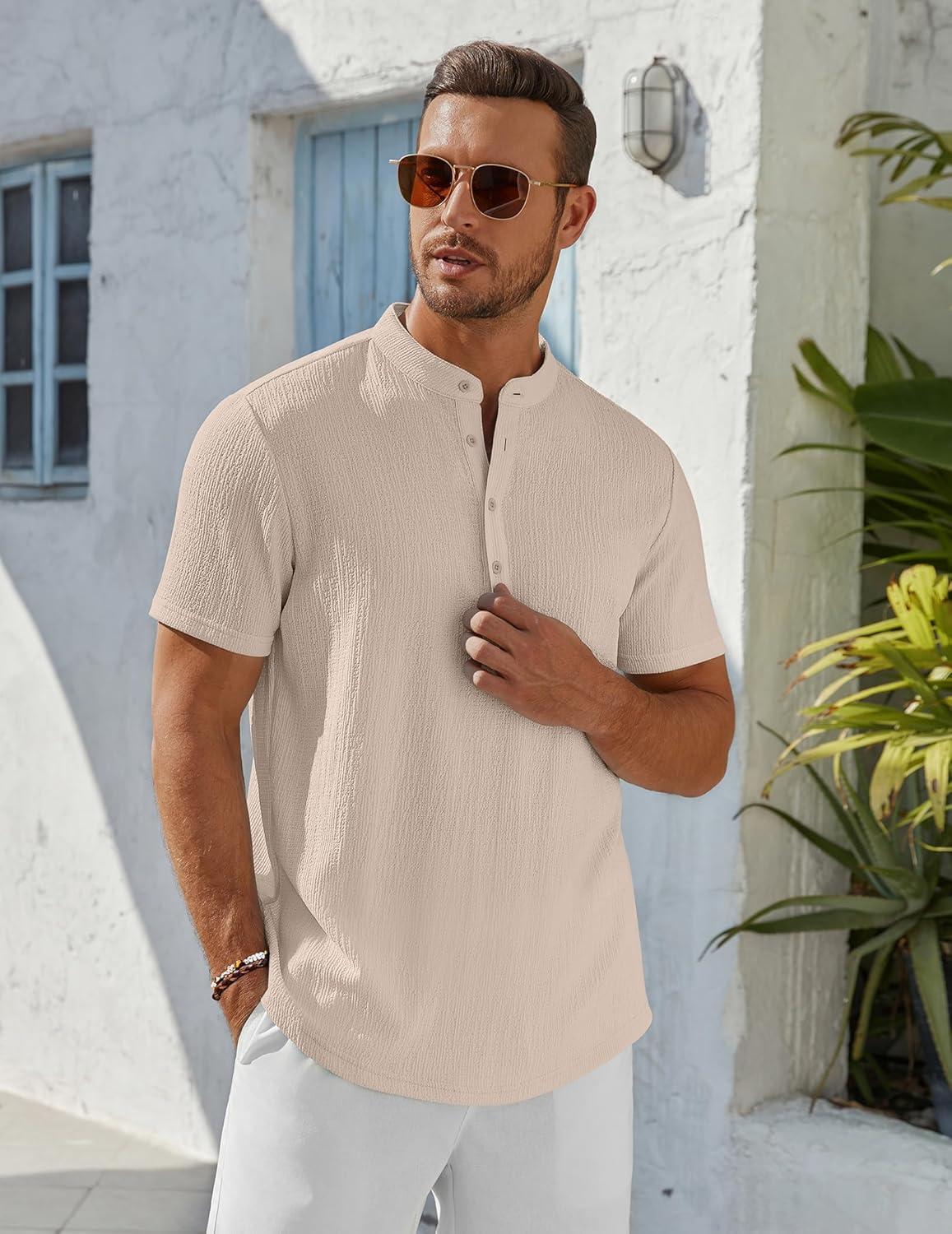 imageCOOFANDY Mens Henley Shirt Short Sleeve Stand Collar Summer Casual Beach Hippie TShirtsLight Khaki