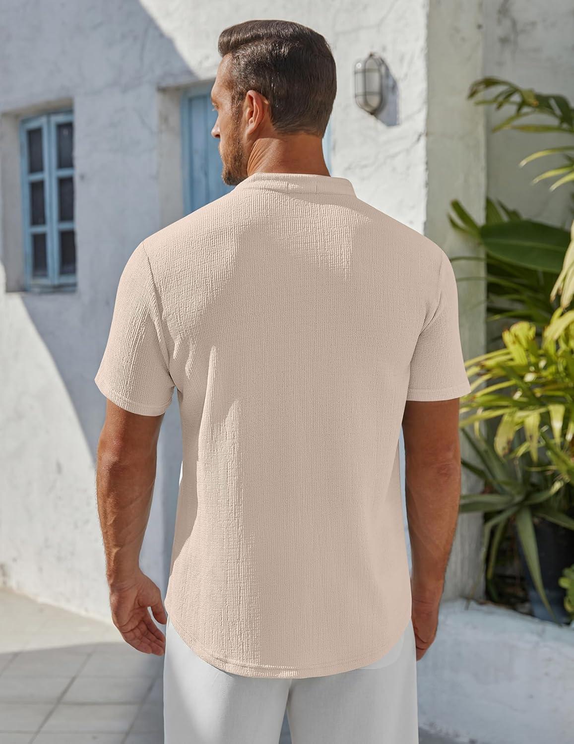 imageCOOFANDY Mens Henley Shirt Short Sleeve Stand Collar Summer Casual Beach Hippie TShirtsLight Khaki