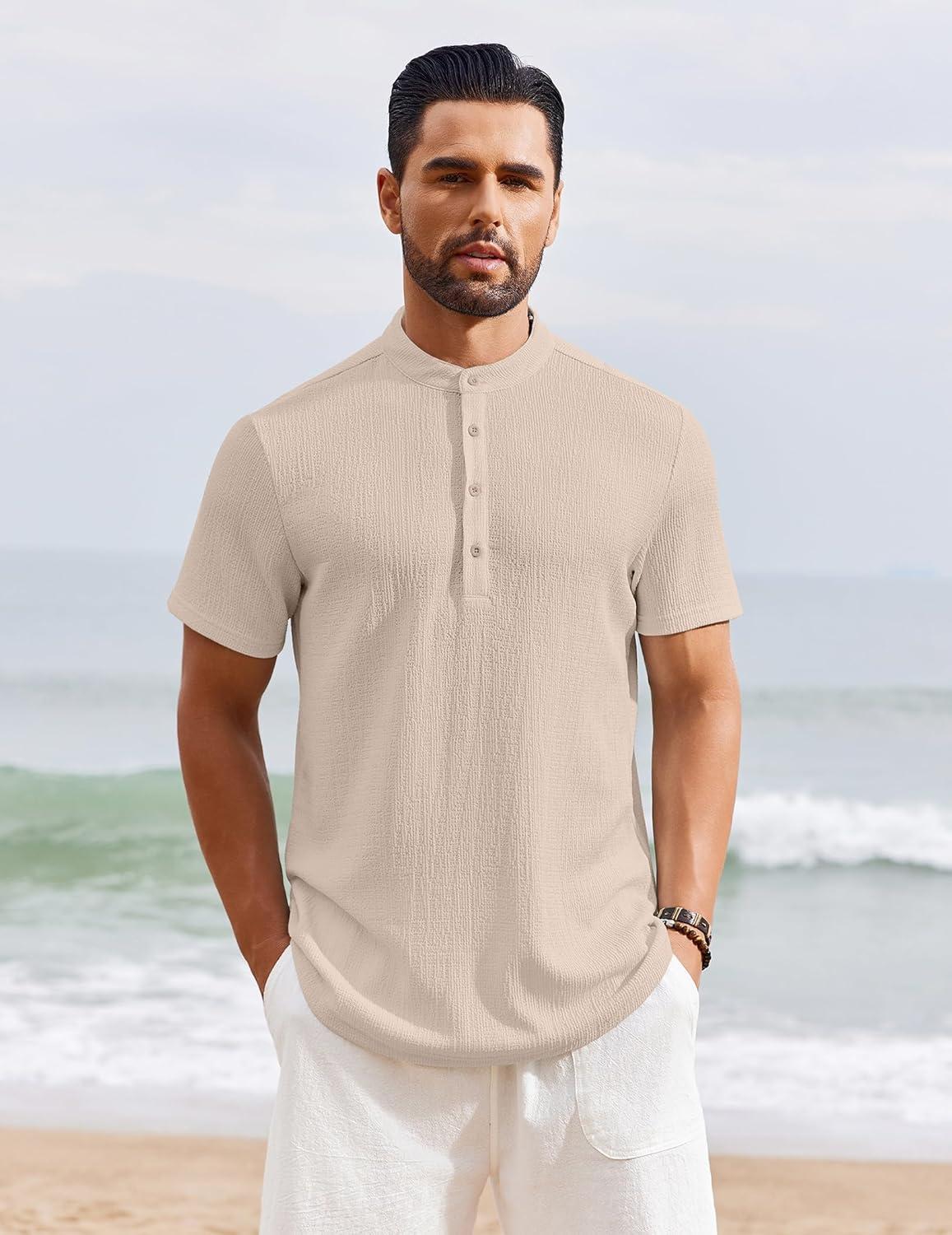 imageCOOFANDY Mens Henley Shirt Short Sleeve Stand Collar Summer Casual Beach Hippie TShirtsLight Khaki