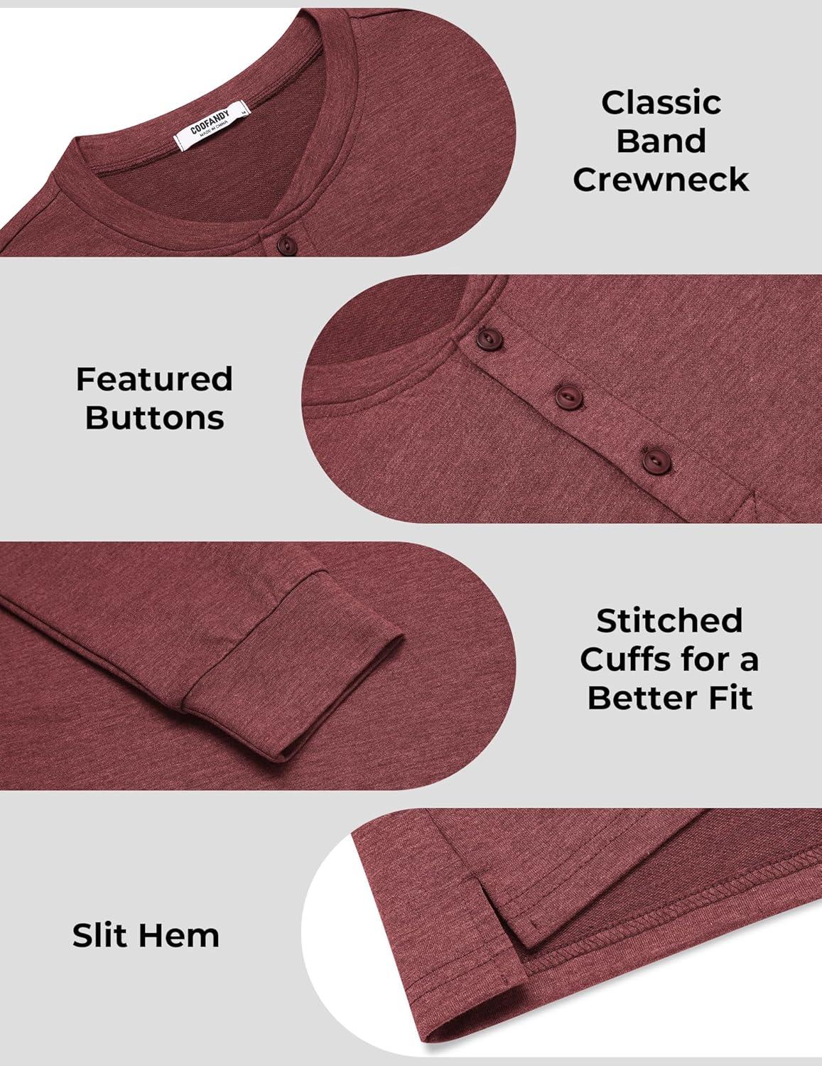 imageCOOFANDY Mens Henley Shirts Long Sleeve Casual Button Shirts Fashion Lightweight Pullover ShirtsWine Red