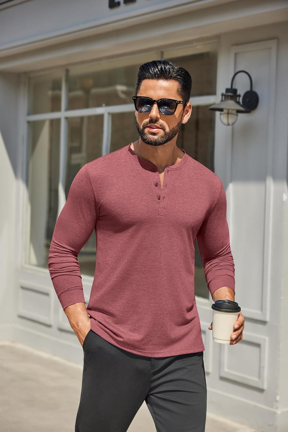 imageCOOFANDY Mens Henley Shirts Long Sleeve Casual Button Shirts Fashion Lightweight Pullover ShirtsWine Red