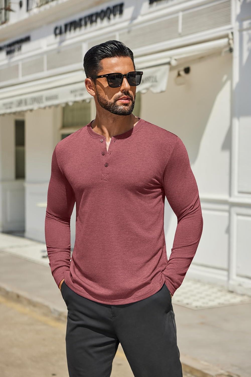 imageCOOFANDY Mens Henley Shirts Long Sleeve Casual Button Shirts Fashion Lightweight Pullover ShirtsWine Red