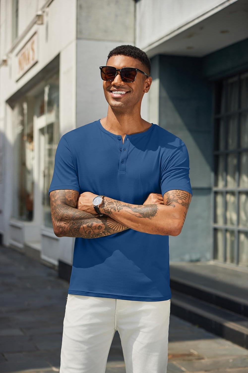 imageCOOFANDY Mens Henley Shirts Short Sleeve Casual Summer Basic T Shirt Soild Button Tee TopAdark Blue