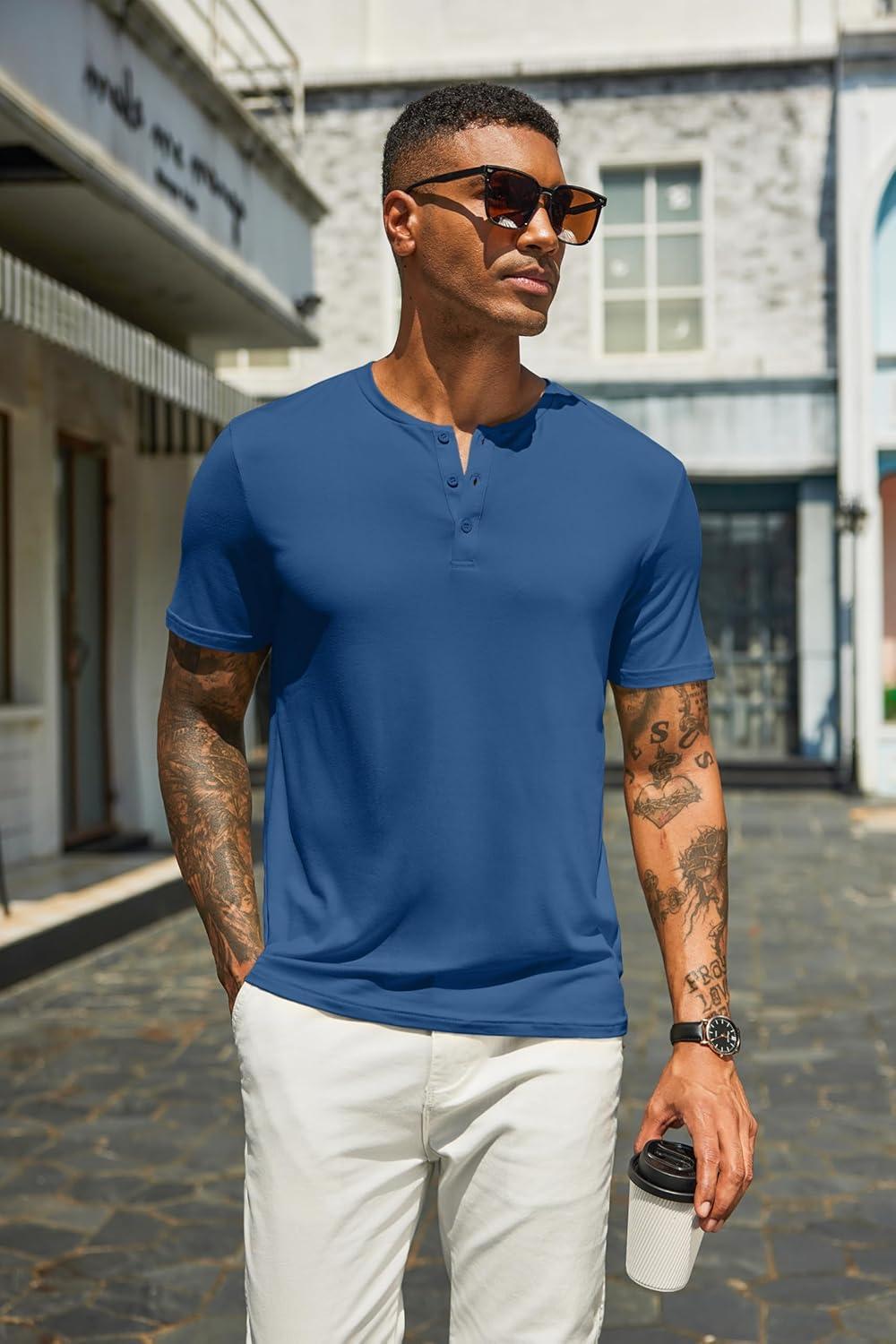 imageCOOFANDY Mens Henley Shirts Short Sleeve Casual Summer Basic T Shirt Soild Button Tee TopAdark Blue