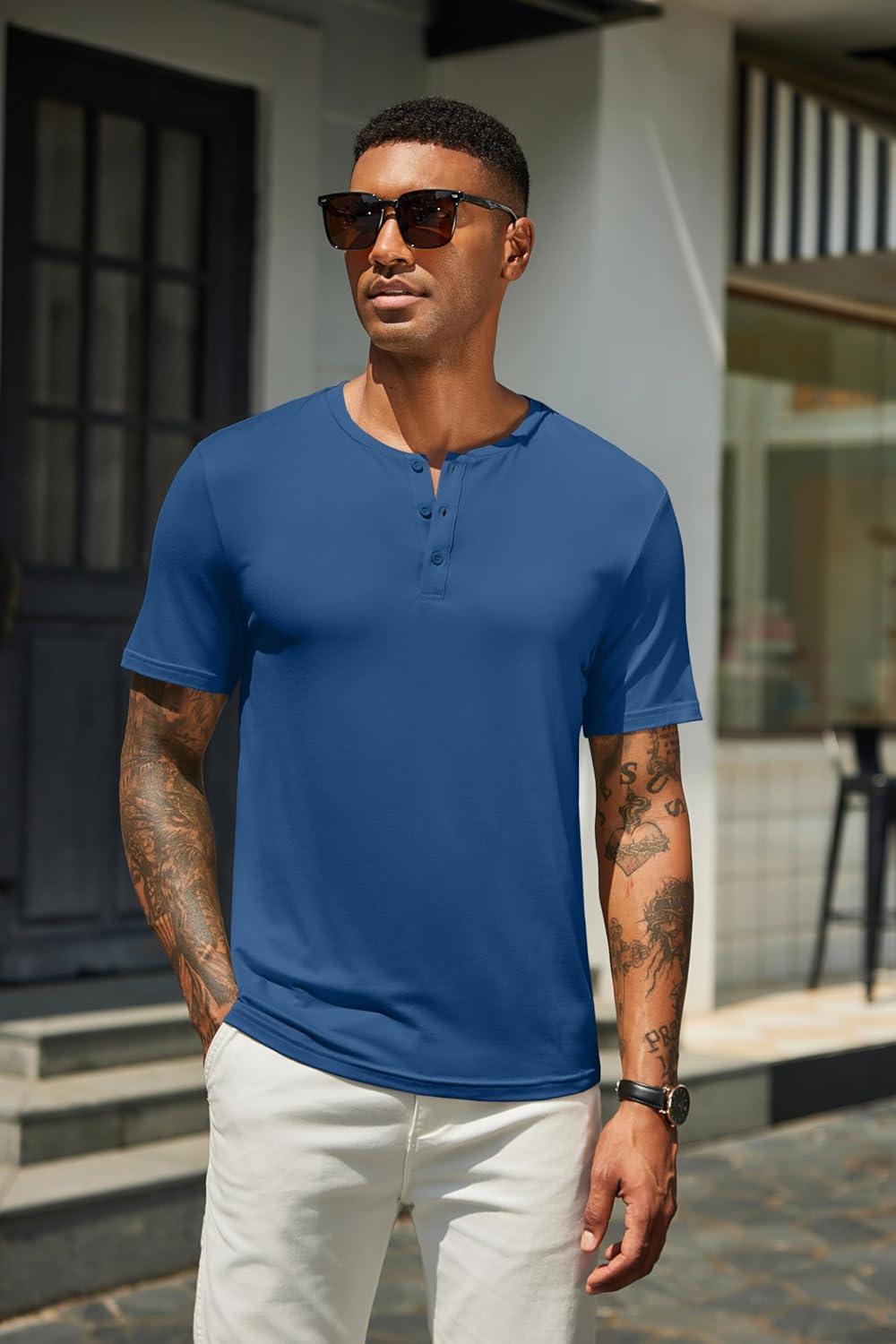 imageCOOFANDY Mens Henley Shirts Short Sleeve Casual Summer Basic T Shirt Soild Button Tee TopAdark Blue