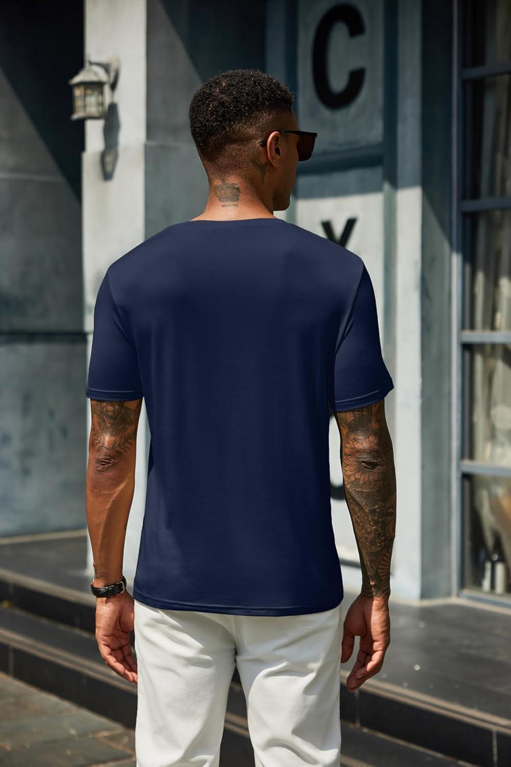 imageCOOFANDY Mens Henley Shirts Short Sleeve Casual Summer Basic T Shirt Soild Button Tee TopAnavy Blue