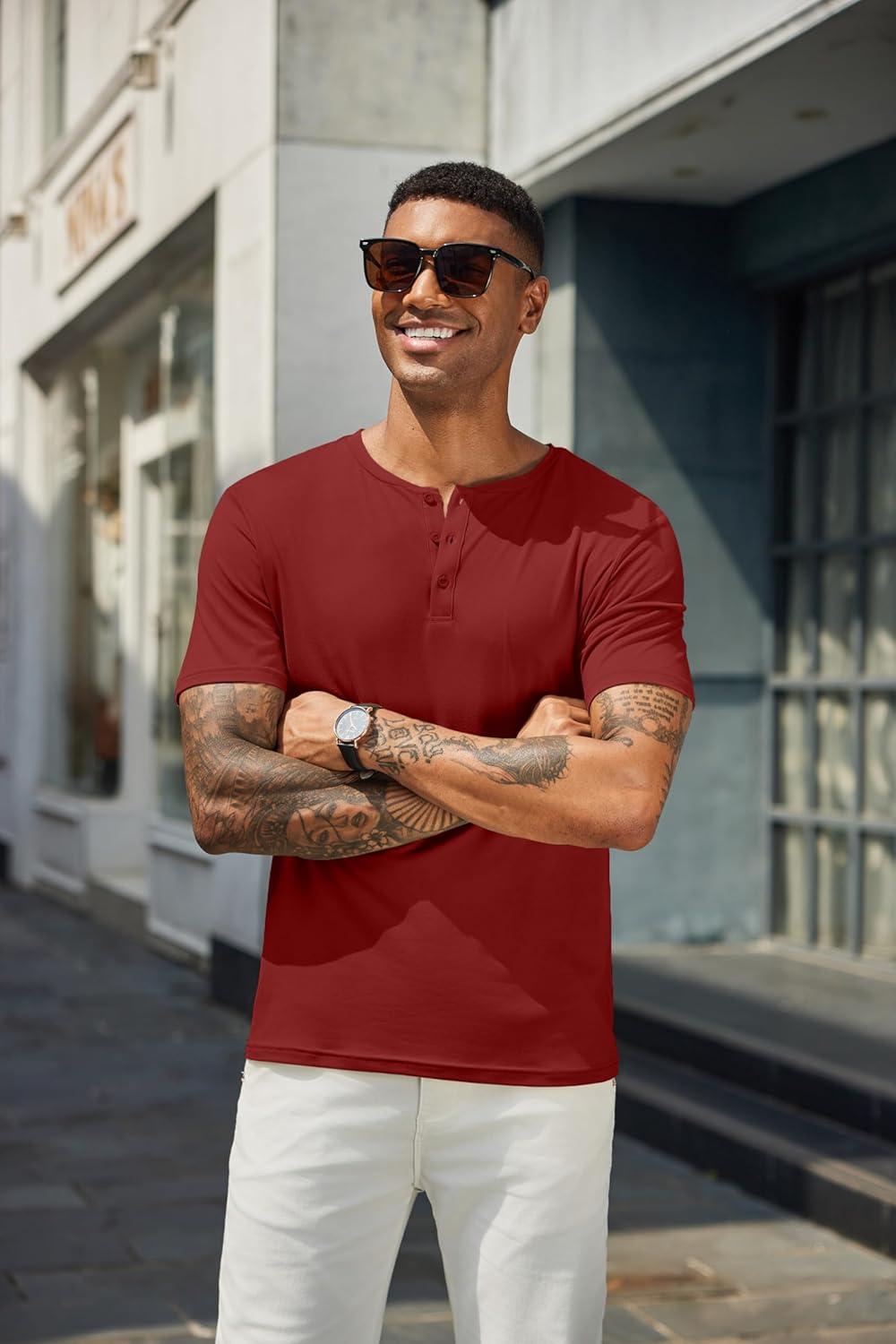 imageCOOFANDY Mens Henley Shirts Short Sleeve Casual Summer Basic T Shirt Soild Button Tee TopAwine Red