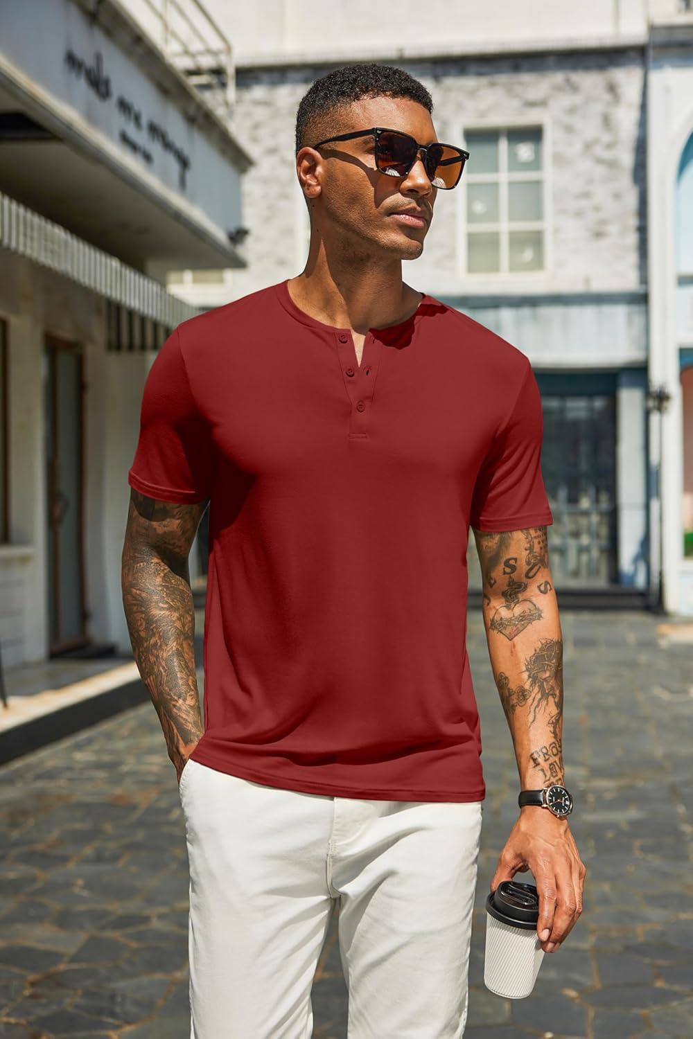 imageCOOFANDY Mens Henley Shirts Short Sleeve Casual Summer Basic T Shirt Soild Button Tee TopAwine Red