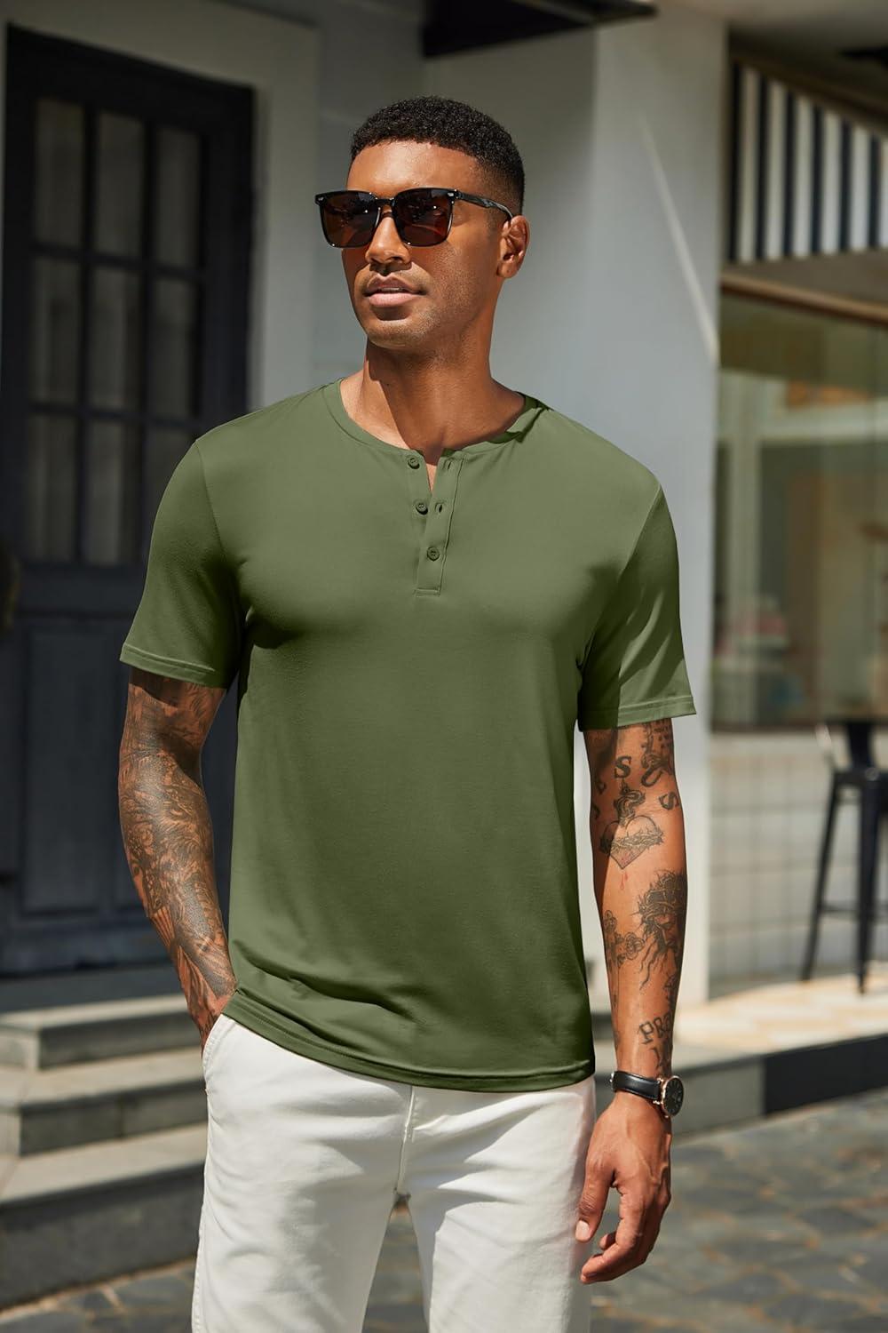 imageCOOFANDY Mens Henley Shirts Short Sleeve Casual Summer Basic T Shirt Soild Button Tee TopB2 Pack BlackArmy Green