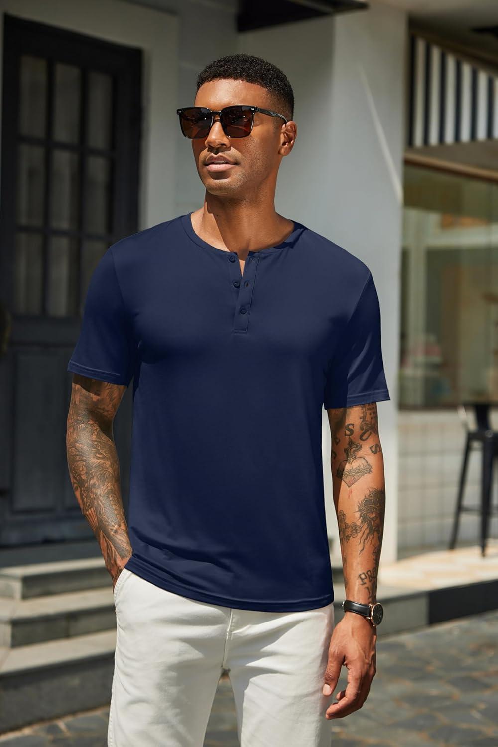imageCOOFANDY Mens Henley Shirts Short Sleeve Casual Summer Basic T Shirt Soild Button Tee TopB2 Pack BlackNavy Blue