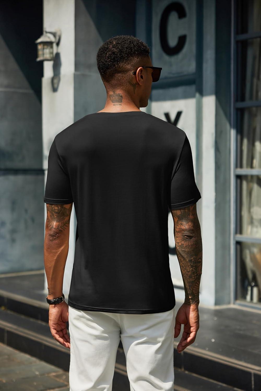 imageCOOFANDY Mens Henley Shirts Short Sleeve Casual Summer Basic T Shirt Soild Button Tee TopB2 Pack BlackNavy Blue