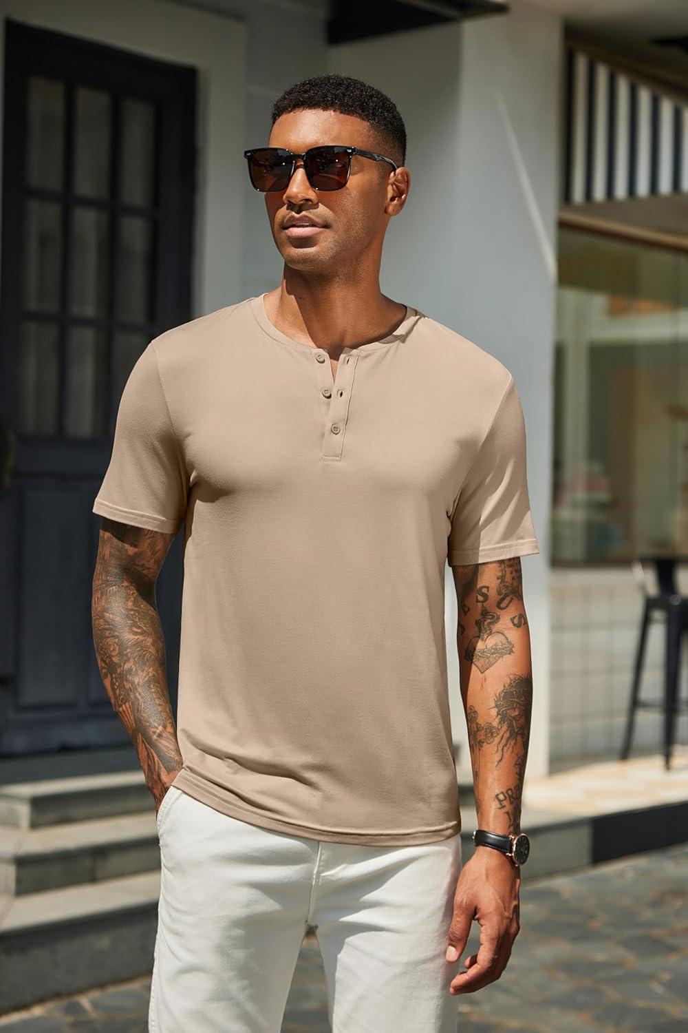 imageCOOFANDY Mens Henley Shirts Short Sleeve Casual Summer Basic T Shirt Soild Button Tee TopB2 Pack Navy BlueKhaki